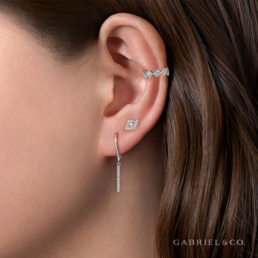 14K White Gold Diamond Bar Drop Leverback Earrings angle 