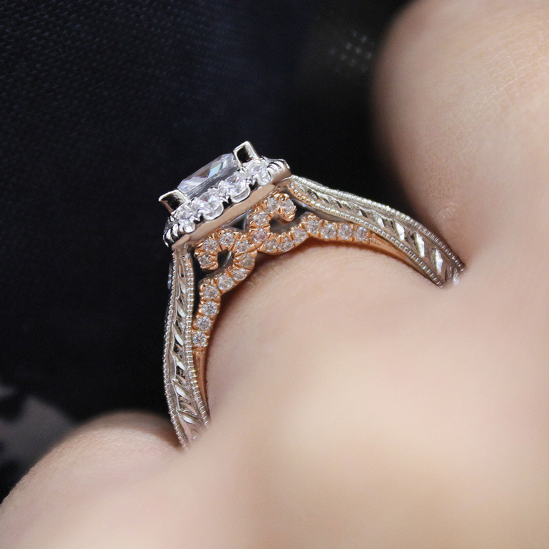 14K White-Rose Gold Princess Halo Diamond Engagement Ring angle 