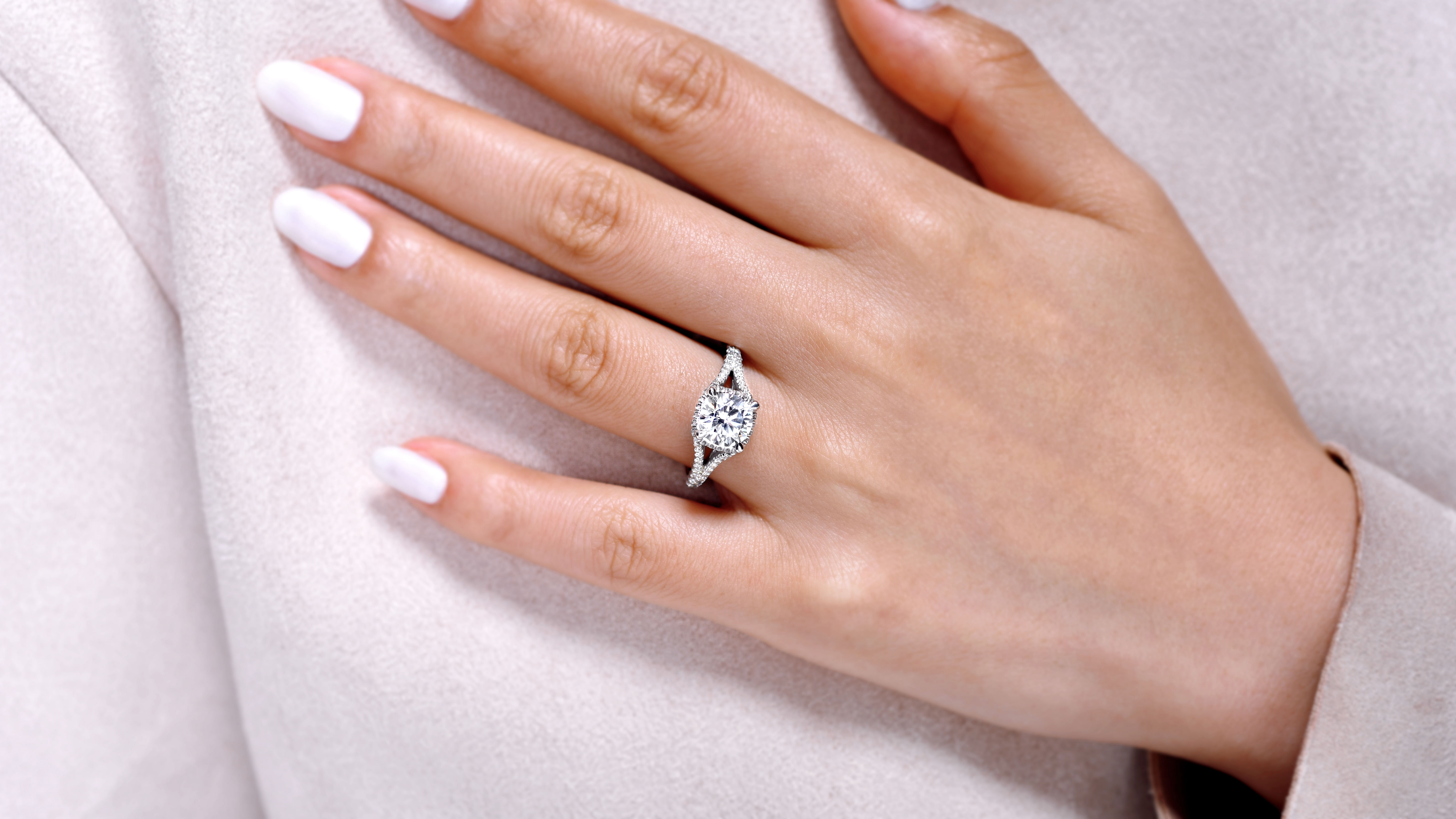 18K White Gold Hidden Halo Round 
Diamond Engagement Ring angle 