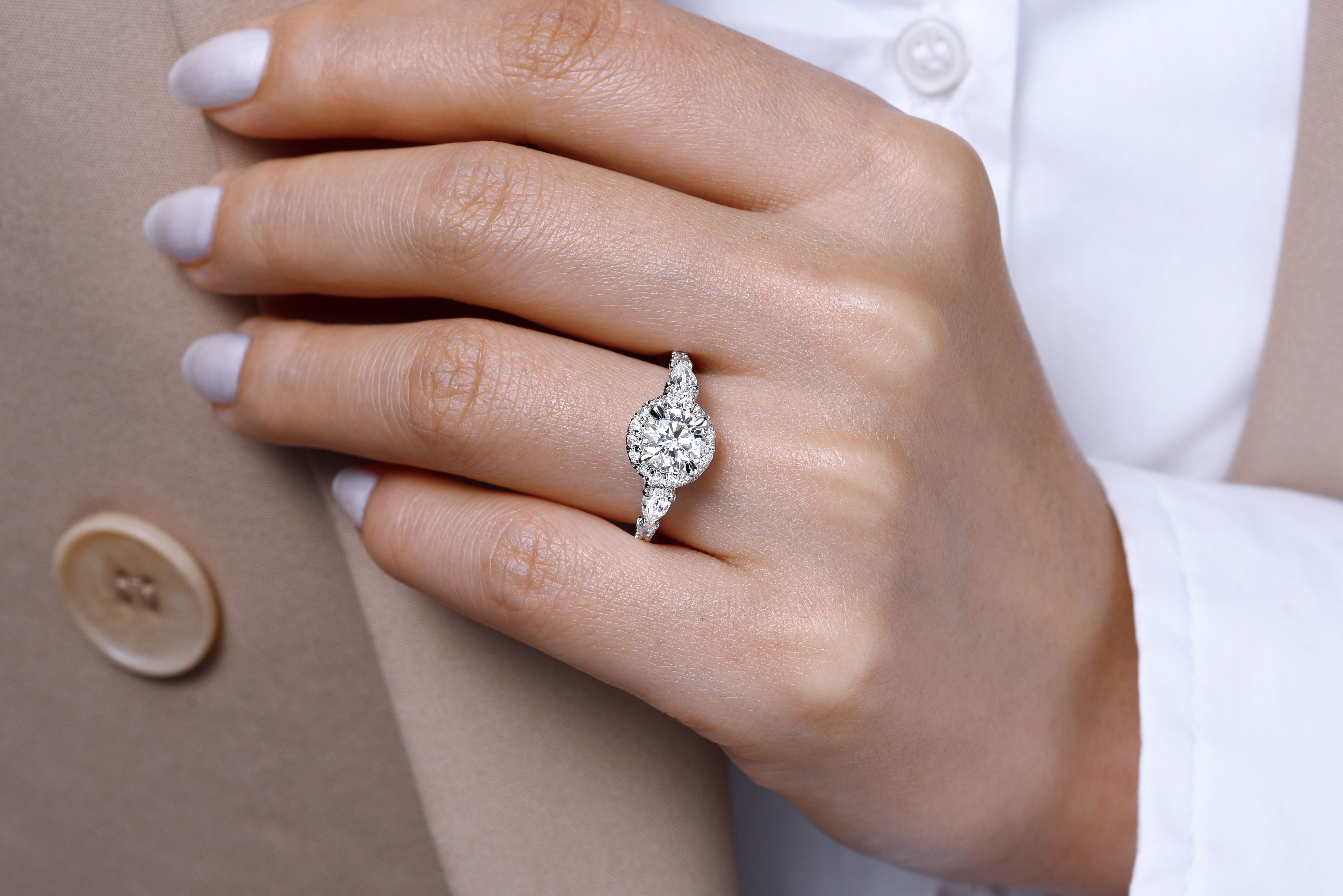 14K White Gold Round Three Stone Halo Diamond Engagement Ring angle 