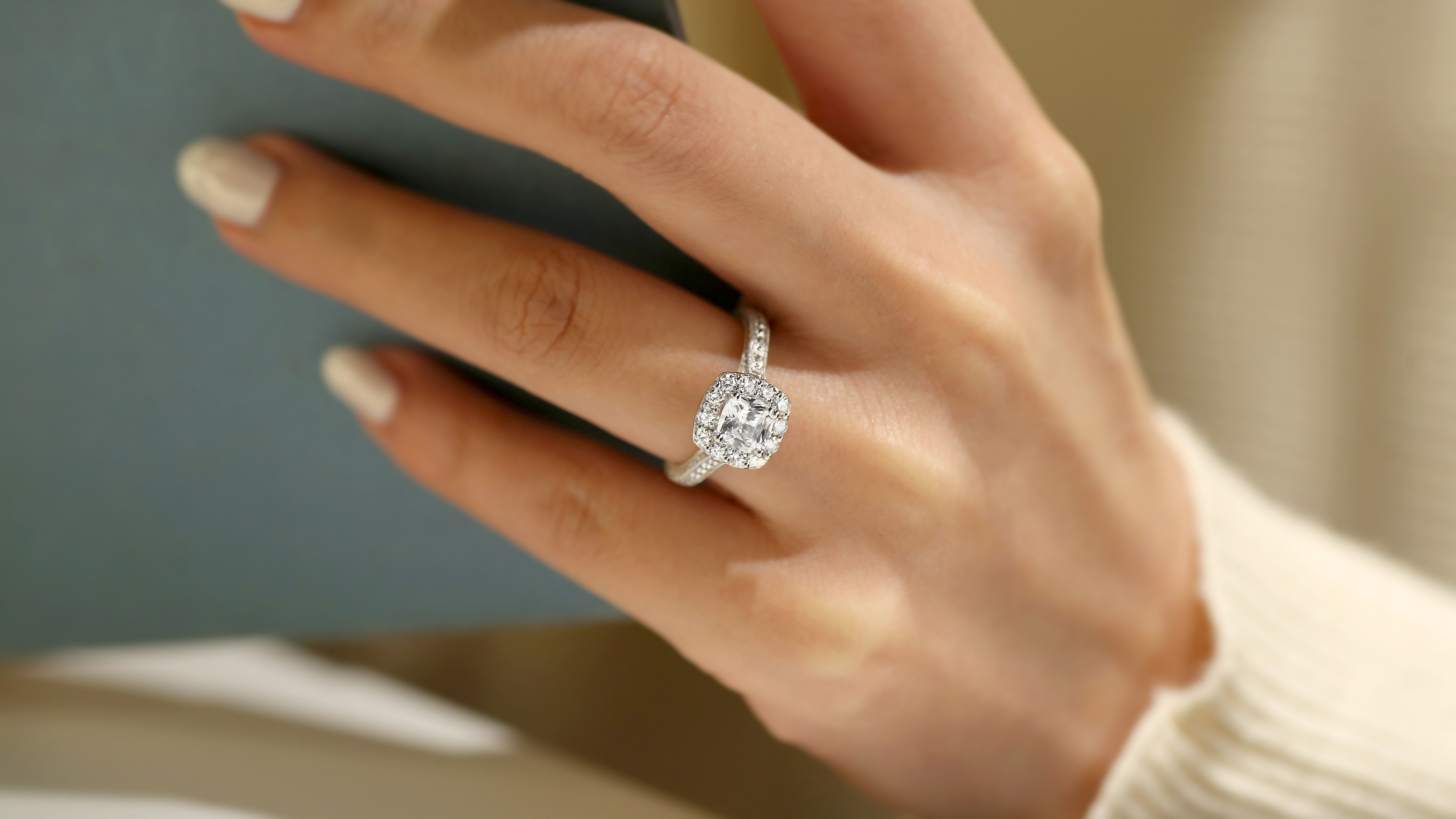 Vintage Inspired 14K White Gold Cushion Halo Diamond Engagement Ring angle 