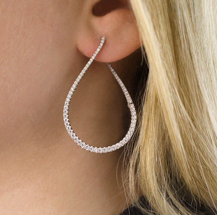 14k White Gold 45mm Intricate Pear Shaped Diamond Hoop Earrings angle 