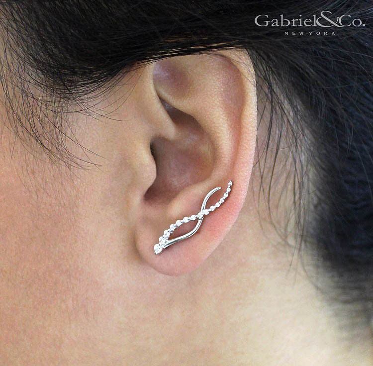 14K White Gold Twisted Diamond Ear Climber Earrings | EG12942W45JJ