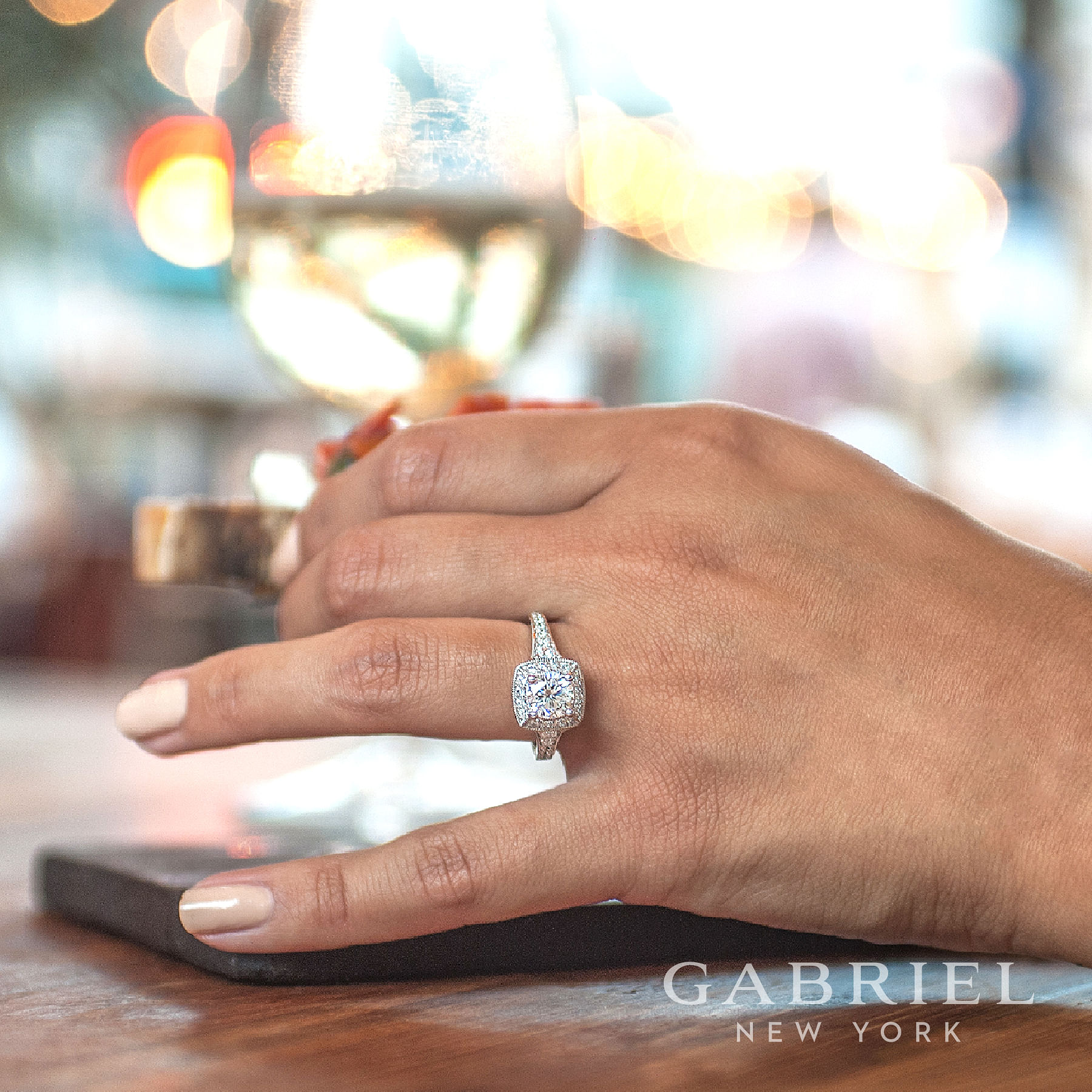 Vintage Inspired 14K White Gold Princess Halo Diamond Engagement Ring angle 