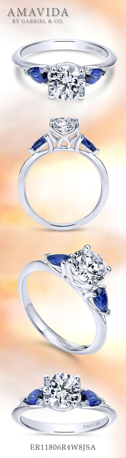 18K White Gold Round Sapphire and Diamond Engagement Ring angle 