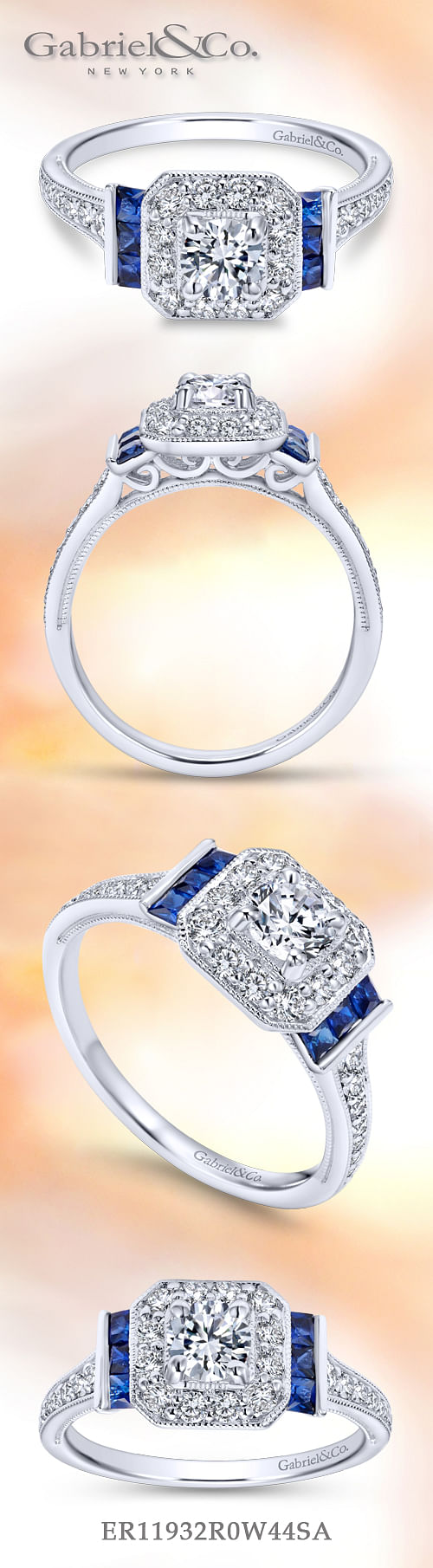 Vintage Inspired 14K White Gold Round Halo Sapphire and Diamond Engagement Ring angle 
