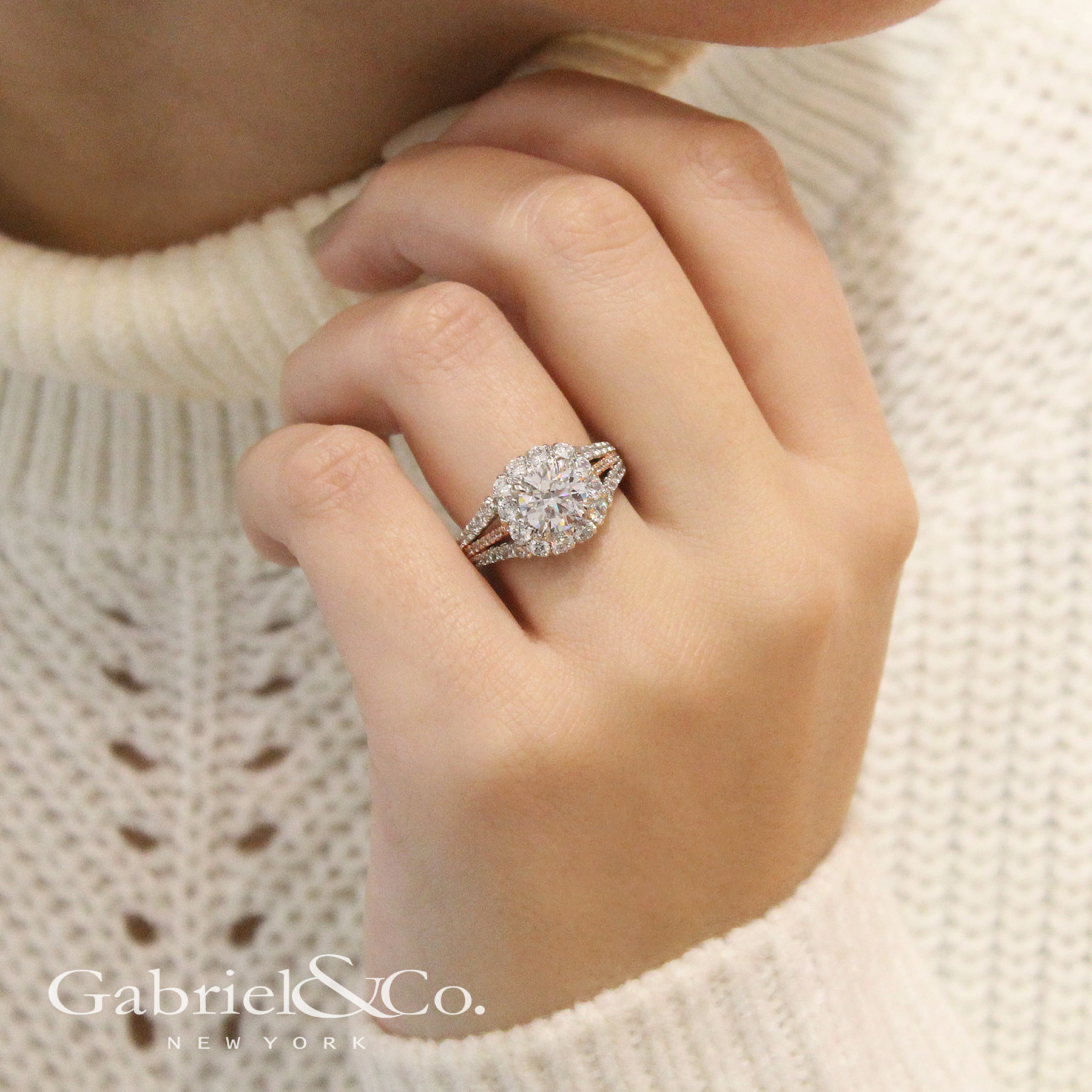 18K White-Rose Gold Round Halo Diamond Engagement Ring angle 
