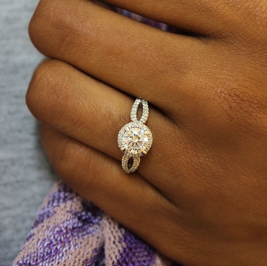 14K White Gold Round Halo Diamond Engagement Ring angle 