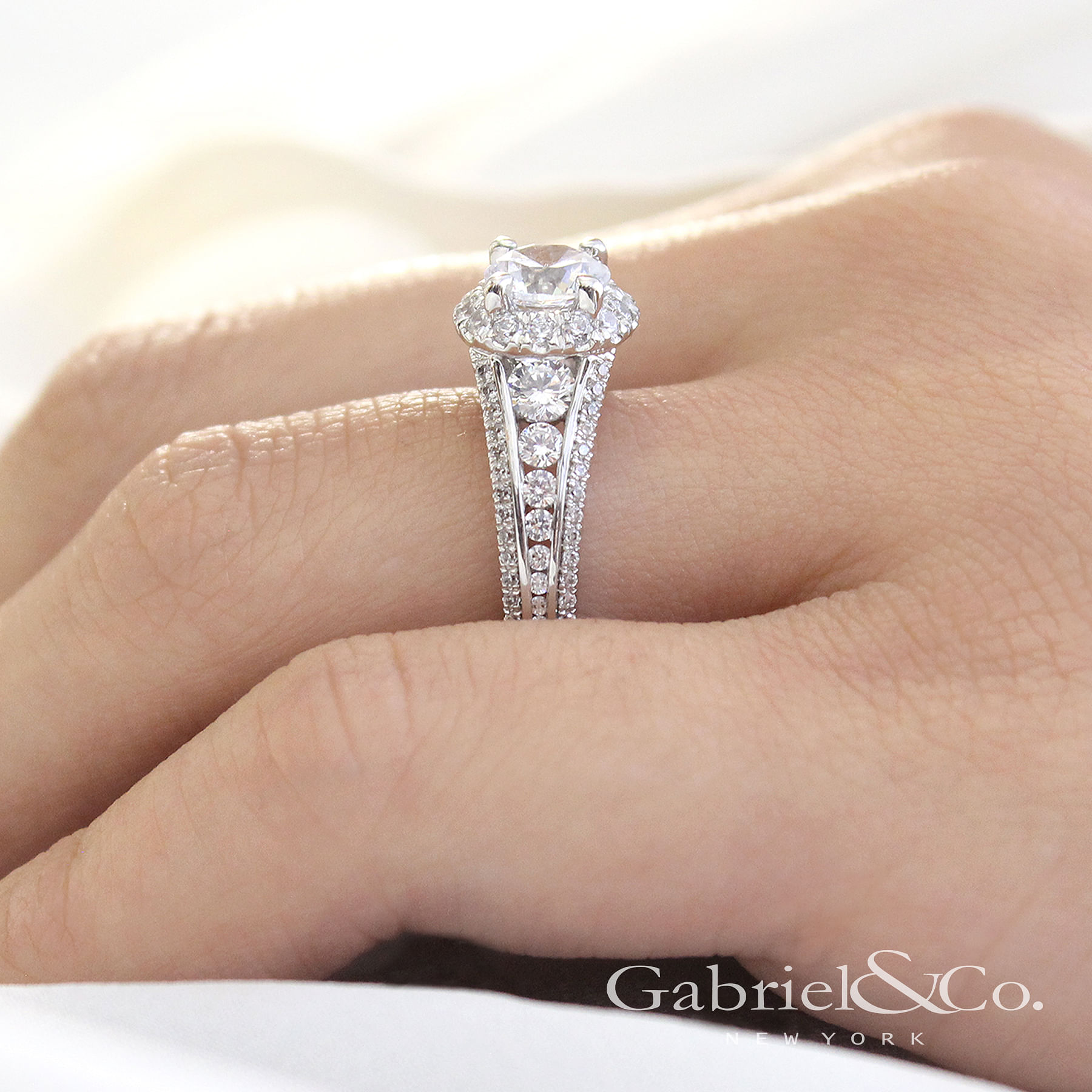 14K White Gold Round Halo Diamond Channel Set Engagement Ring angle 