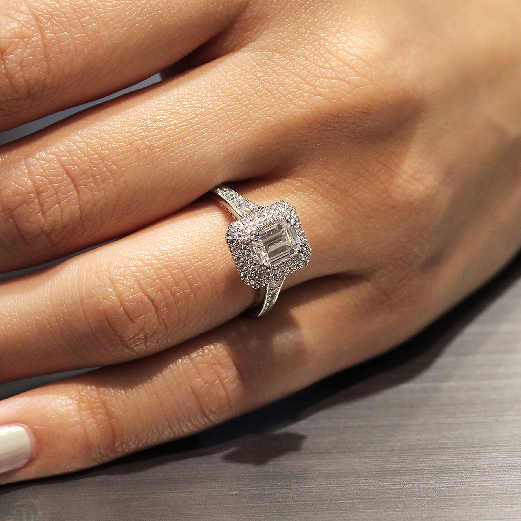 14K White Gold Double Halo Emerald Cut Diamond Engagement Ring angle 