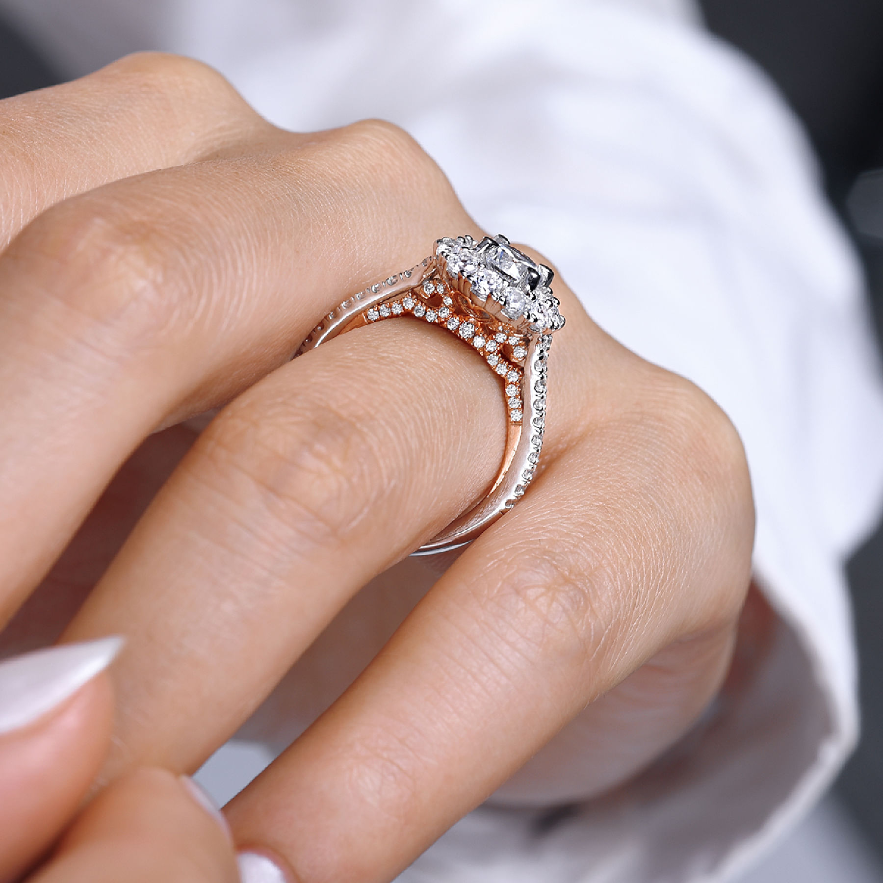 14K White-Rose Gold Round Double Halo Diamond Engagement Ring angle 