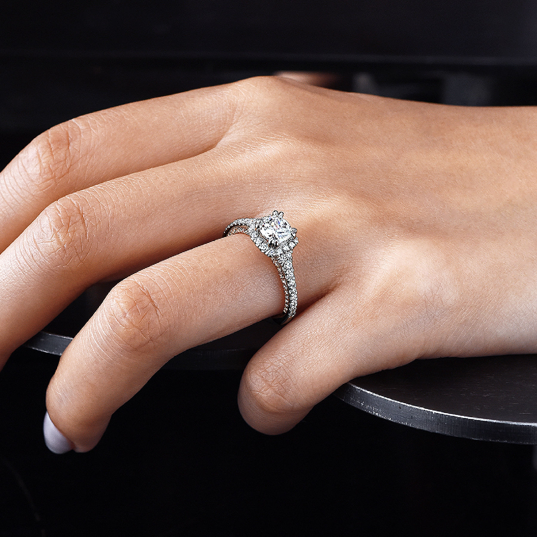 18K White-Rose Gold Cushion Halo Diamond Engagement Ring angle 