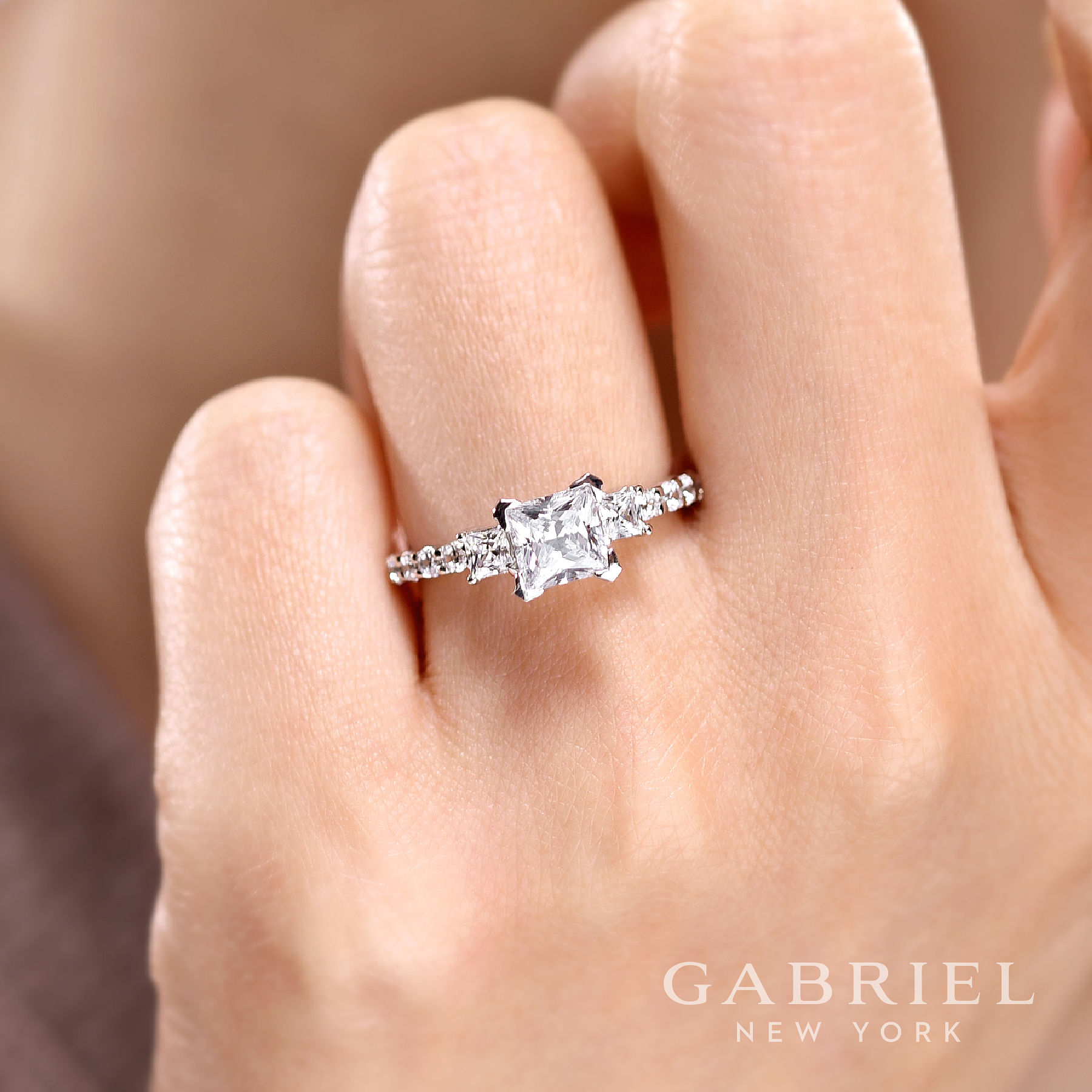 14K White Gold Princess Cut Three Stone Diamond Engagement Ring angle 
