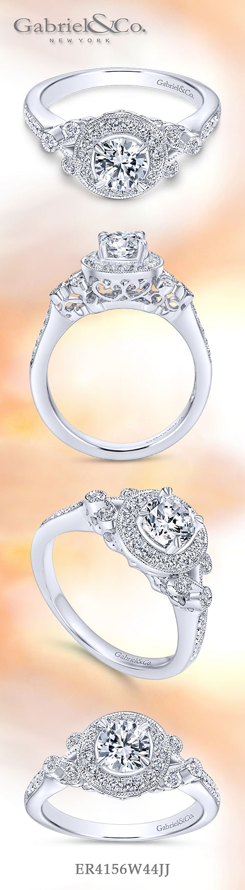 Vintage Inspired 14K White Gold Round Halo Diamond Engagement Ring angle 