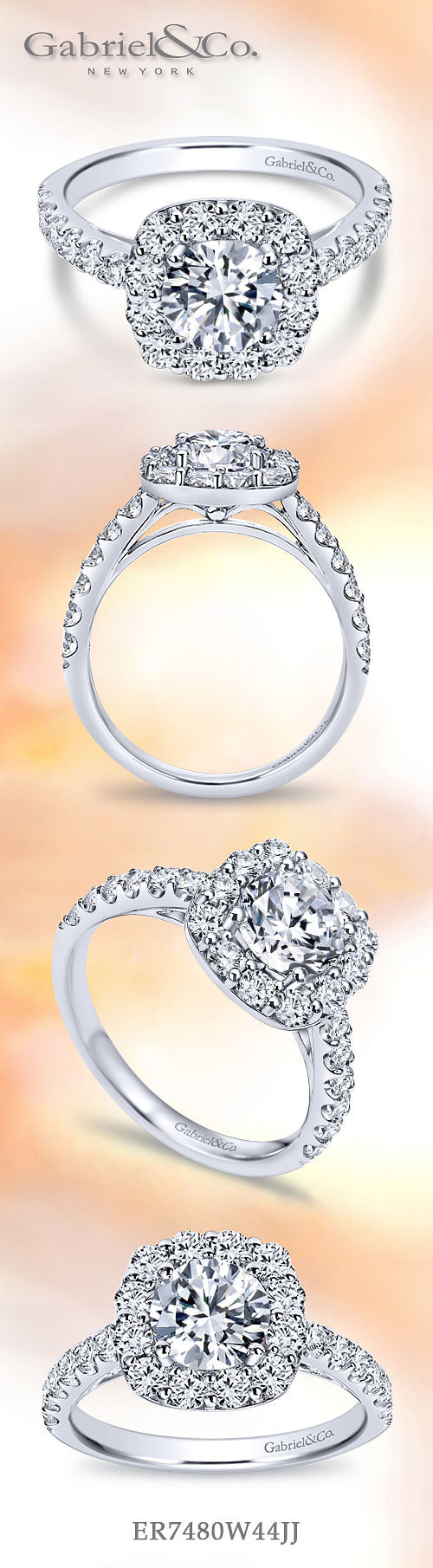 14K White Gold Cushion Halo Round Diamond Engagement Ring angle 