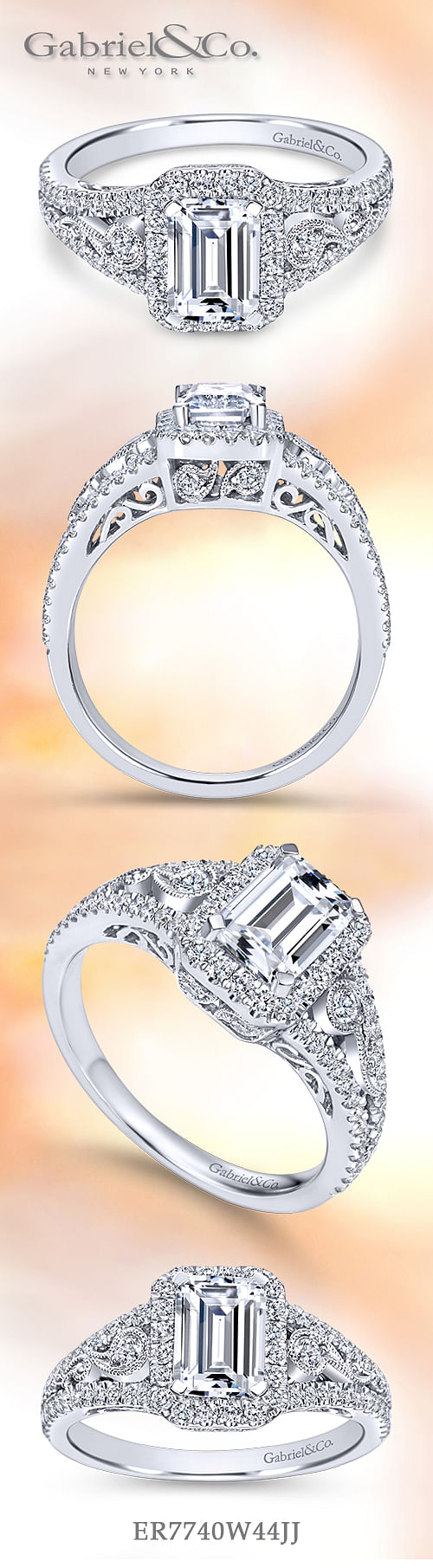 Vintage Inspired 14K White Gold Emerald Halo Diamond Engagement Ring angle 