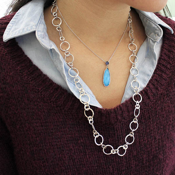 Long 925 Sterling Silver Rock Crystal/Turquoise Teardrop Pendant with Sapphire angle 