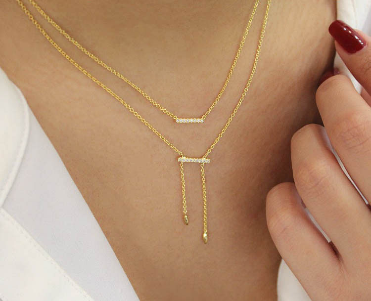 14K Yellow Gold Petite Pavé Diamond Bar Necklace angle 