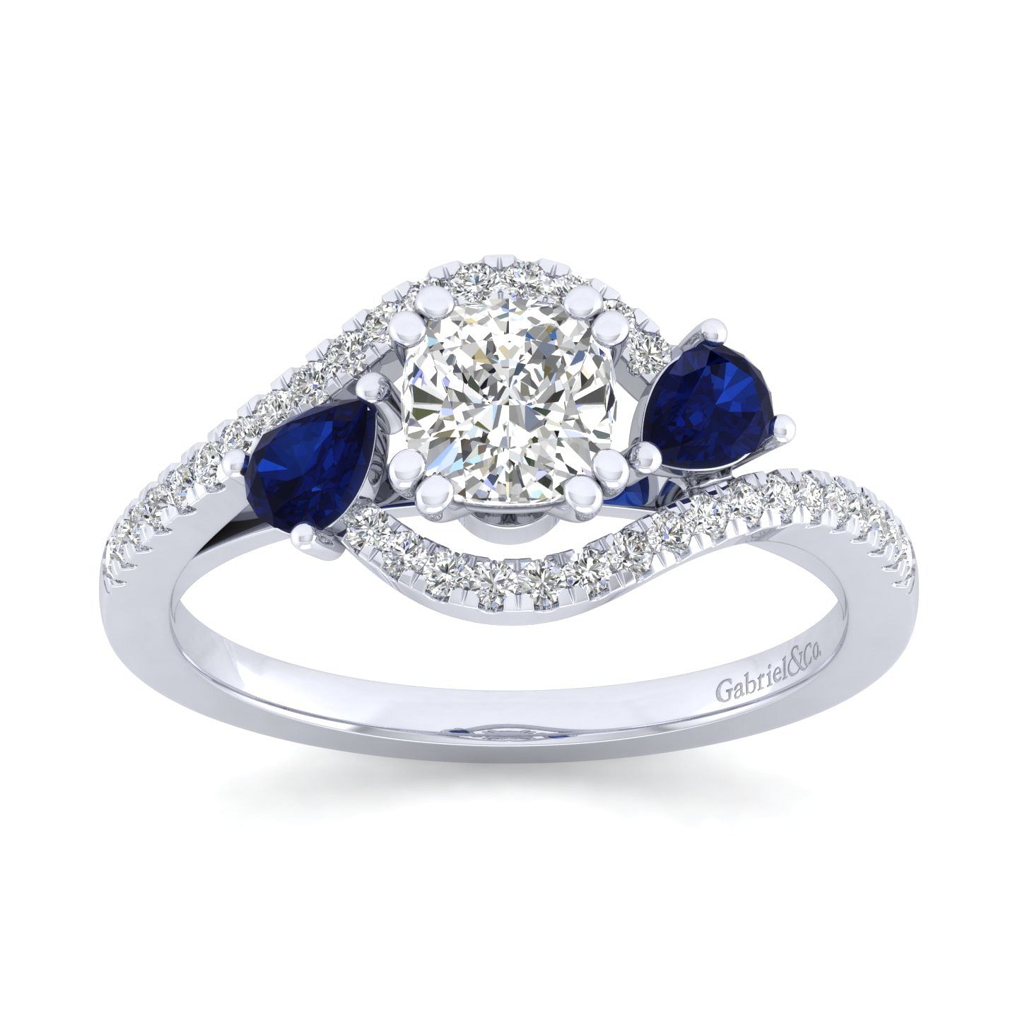 14K White Gold Cushion Cut Three Stone Sapphire and Diamond Engagement ...
