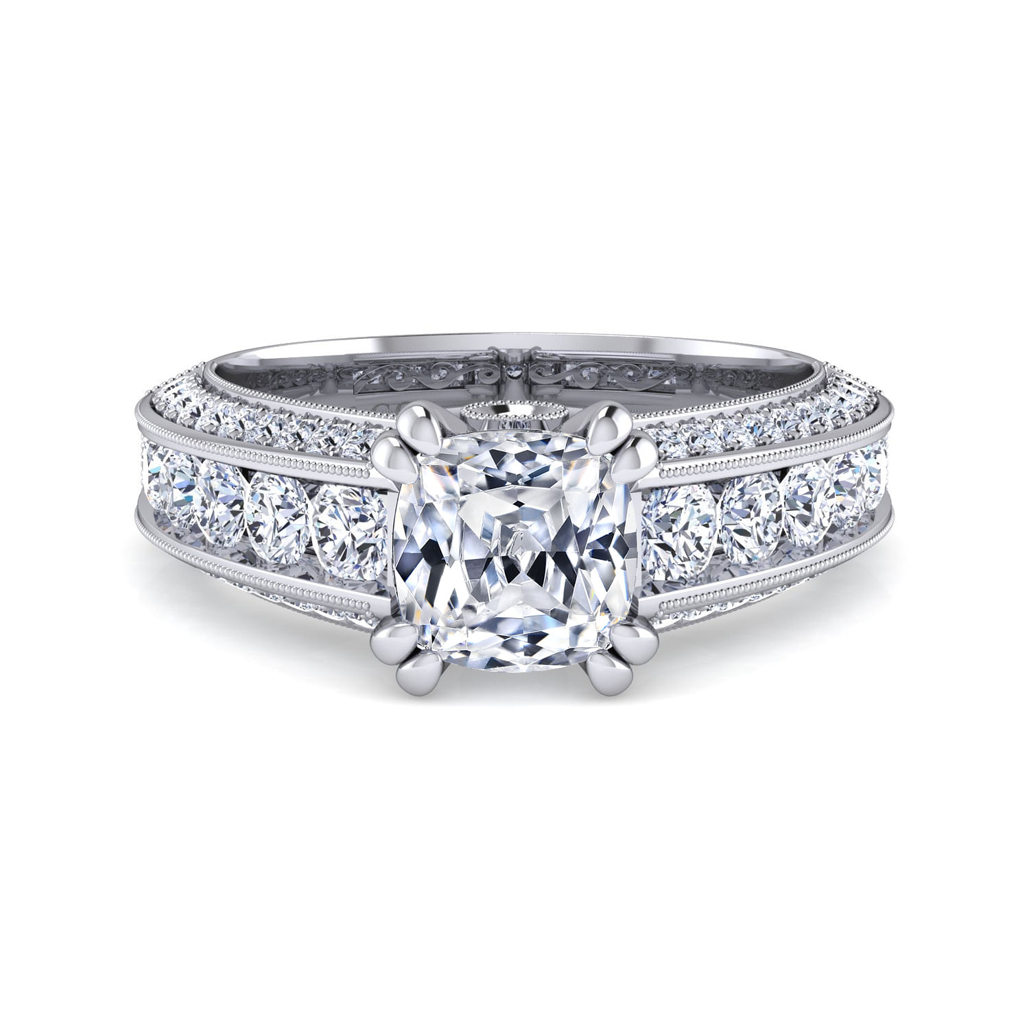 Vintage Inspired 14K White Gold Cushion Cut Wide Band Diamond ...
