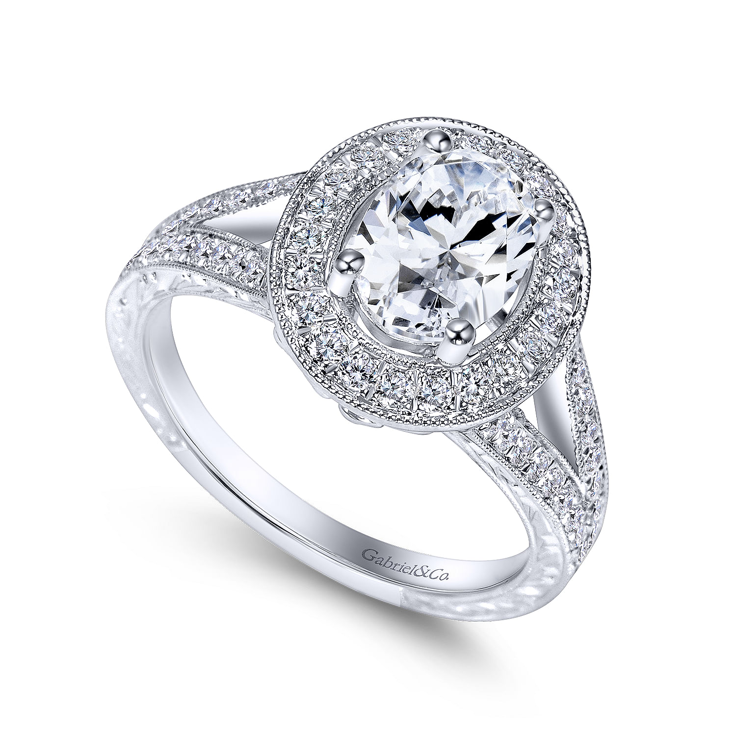 Vintage Inspired 14K White Gold Oval Halo Diamond Engagement Ring ...