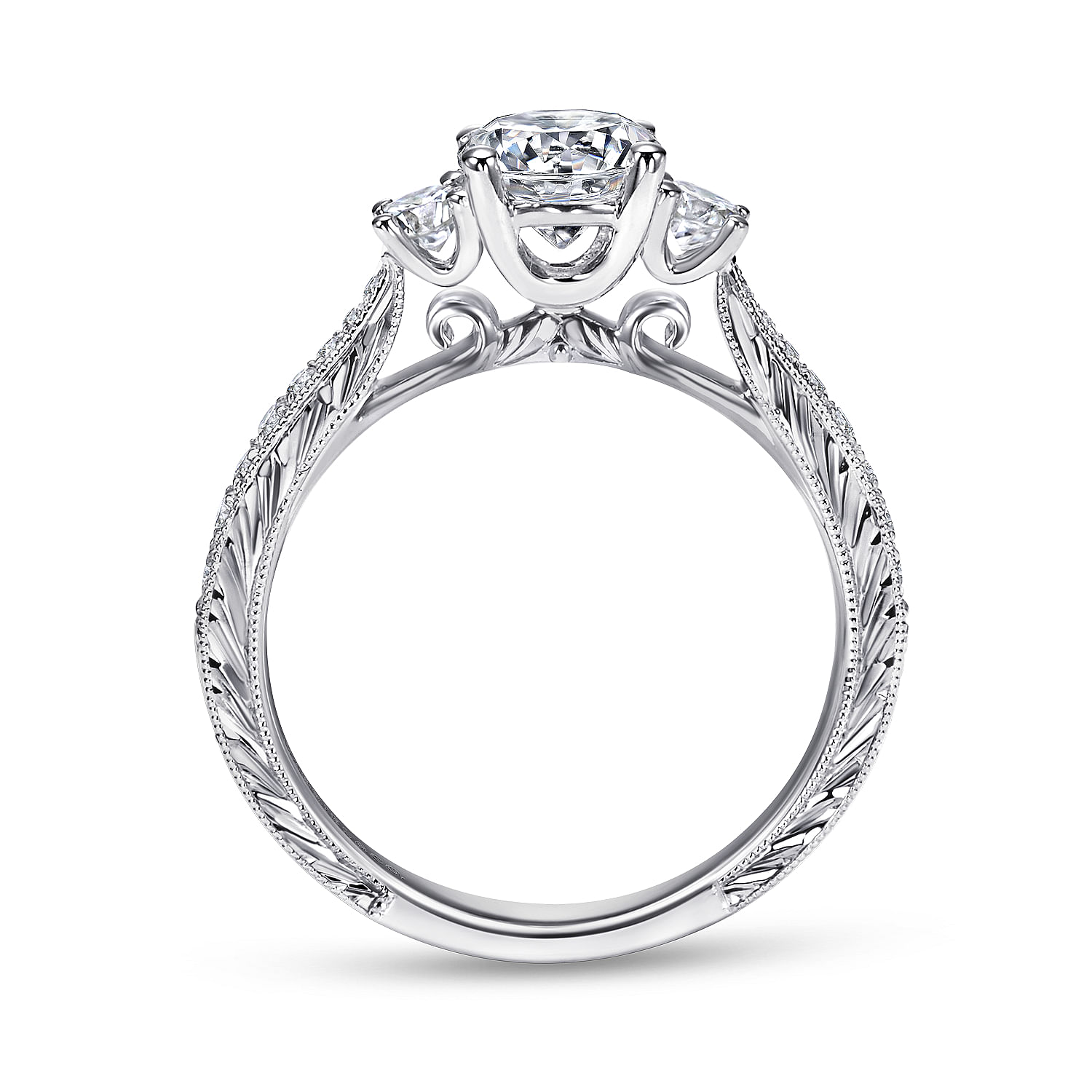 Vintage Inspired 14K White Gold Round Three Stone Diamond Engagement ...