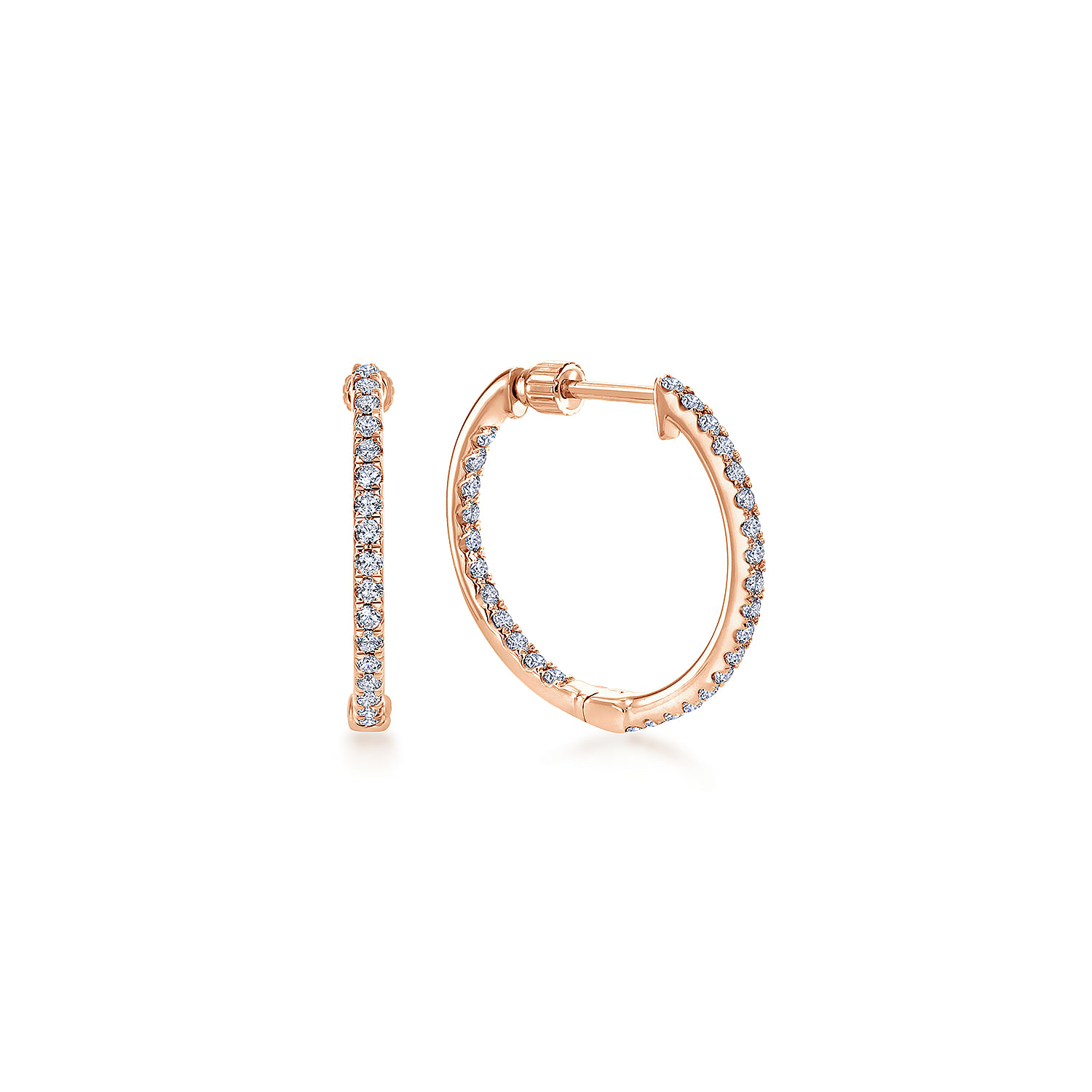 14K Rose Gold  20mm Round Inside Out Diamond Hoop Earrings