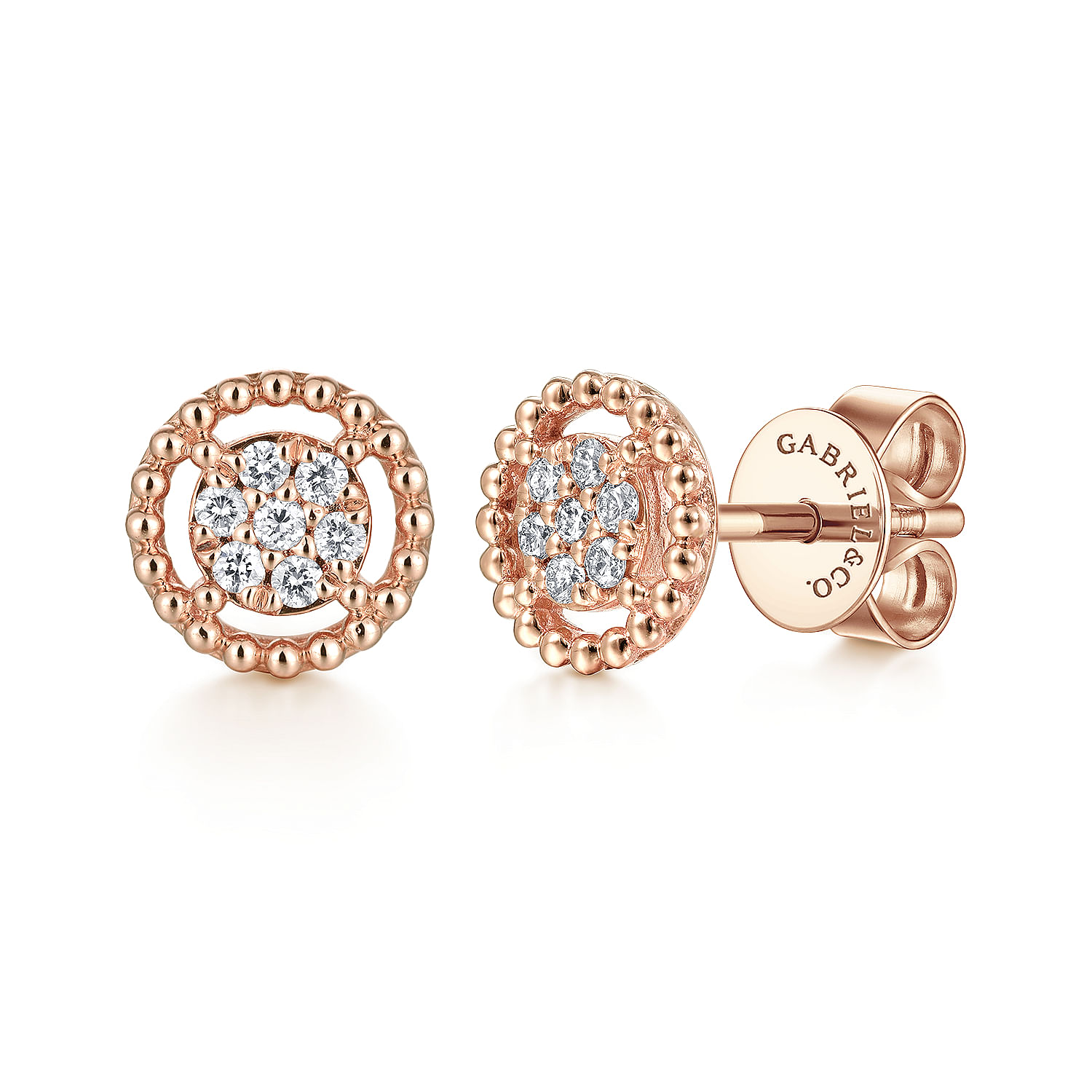 14K Rose Gold Beaded Round Diamond Cluster Stud Earrings