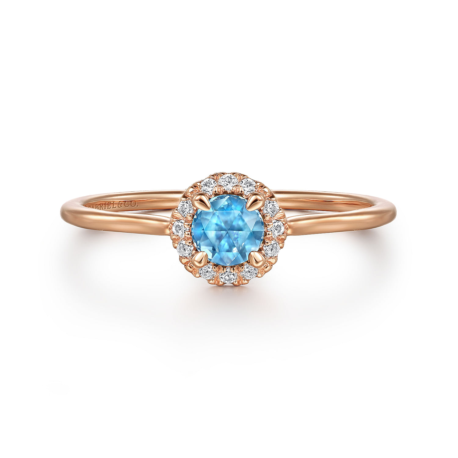 14K Rose Gold Blue Topaz and Diamond Halo Promise Ring