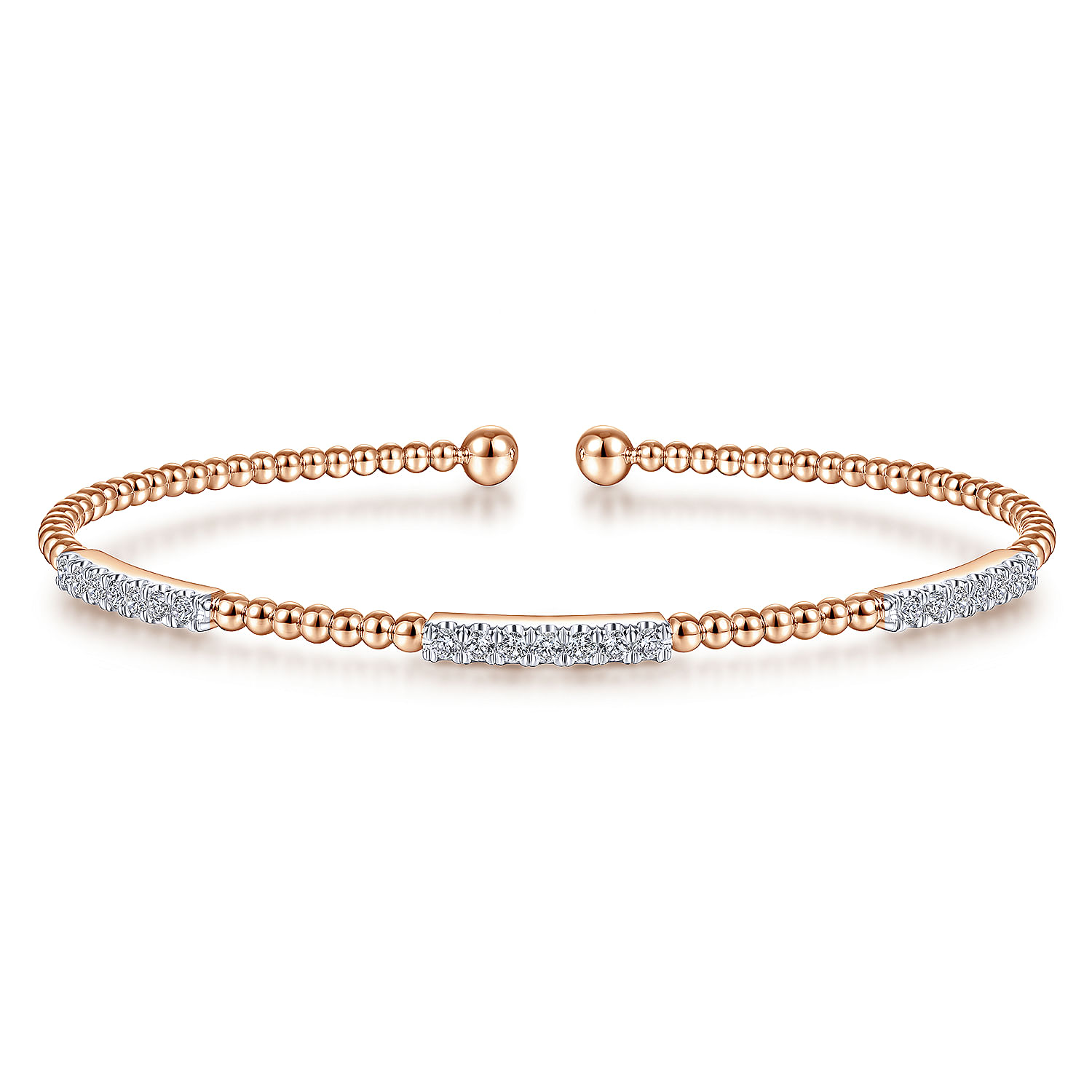14K Rose Gold Bujukan Bead Cuff Bracelet with Diamond Pave Stations