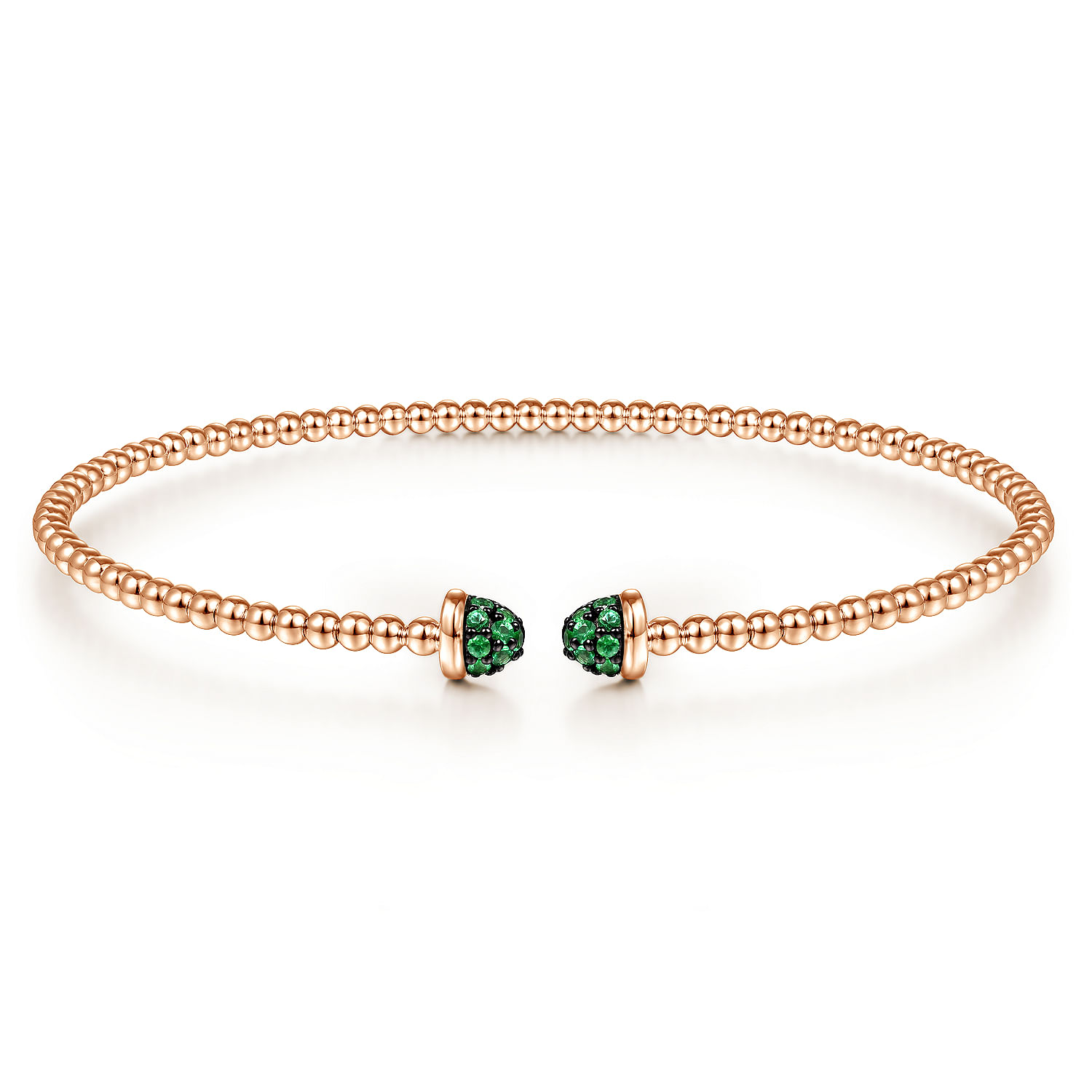 14K Rose Gold Bujukan Bead Cuff Bracelet with Emerald Pave Caps