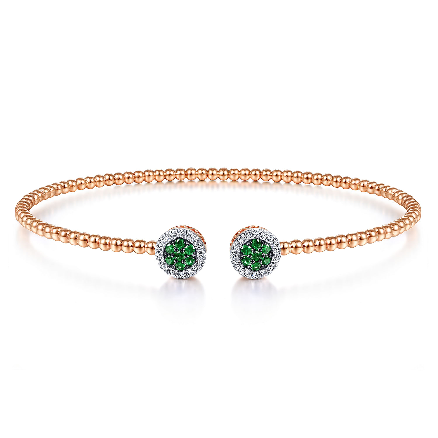 14K Rose Gold Bujukan Bead Cuff Bracelet with Emerald and Diamond Halo Caps