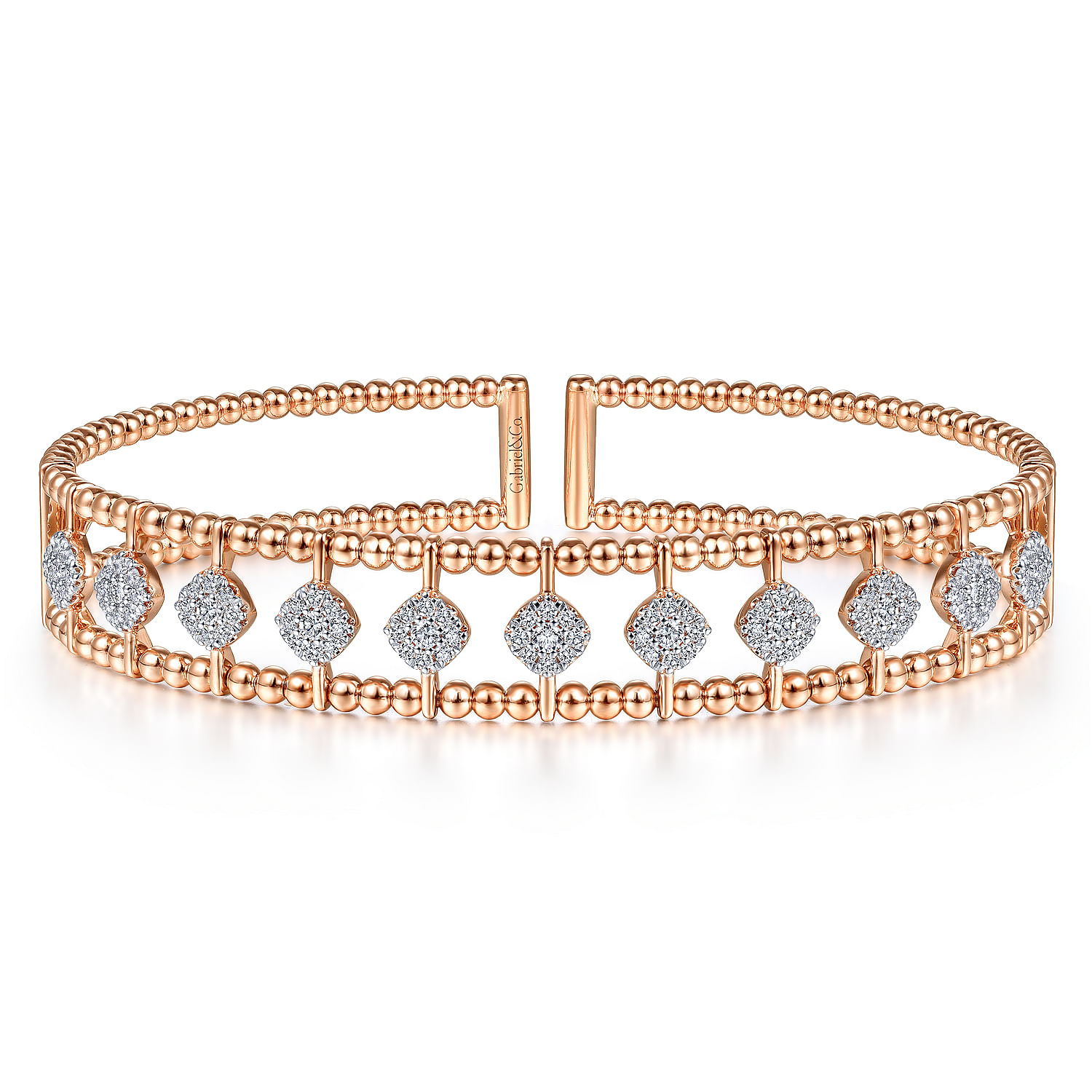 14K Rose Gold Bujukan Bead Cuff Bracelet with Pave Diamond Connectors