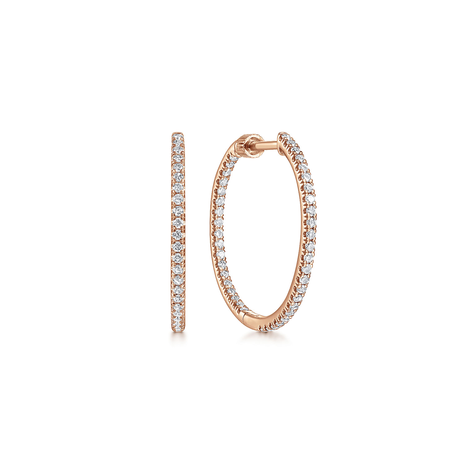 14K Rose Gold French Pave 20mm Round Inside Out Diamond Hoop Earrings