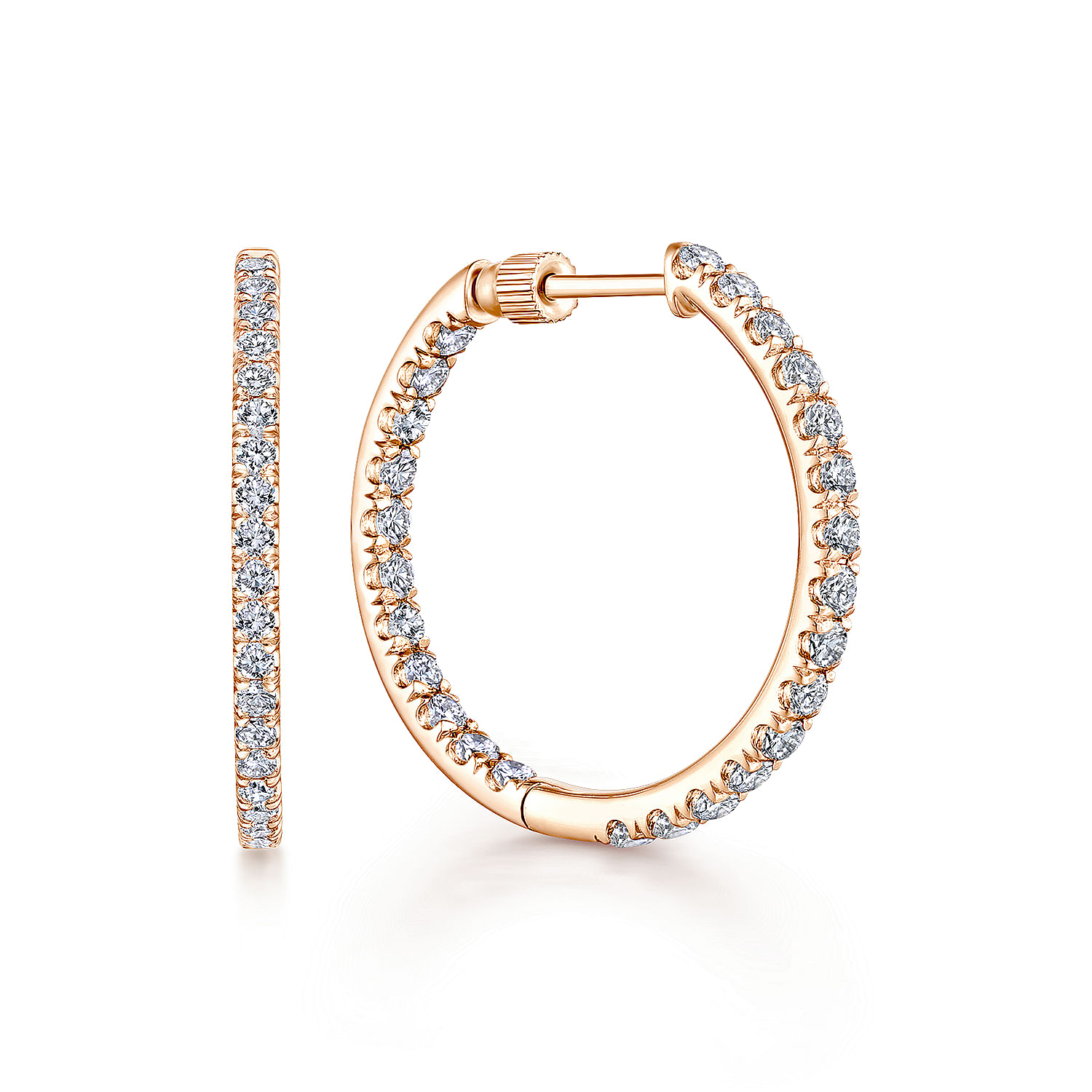 14K Rose Gold French Pave 30mm Round Inside Out Diamond Hoop Earrings
