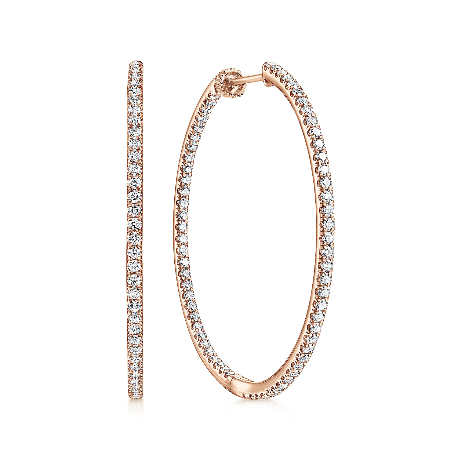 14K Rose Gold French Pave 40mm Round Inside Out Diamond Hoop Earrings