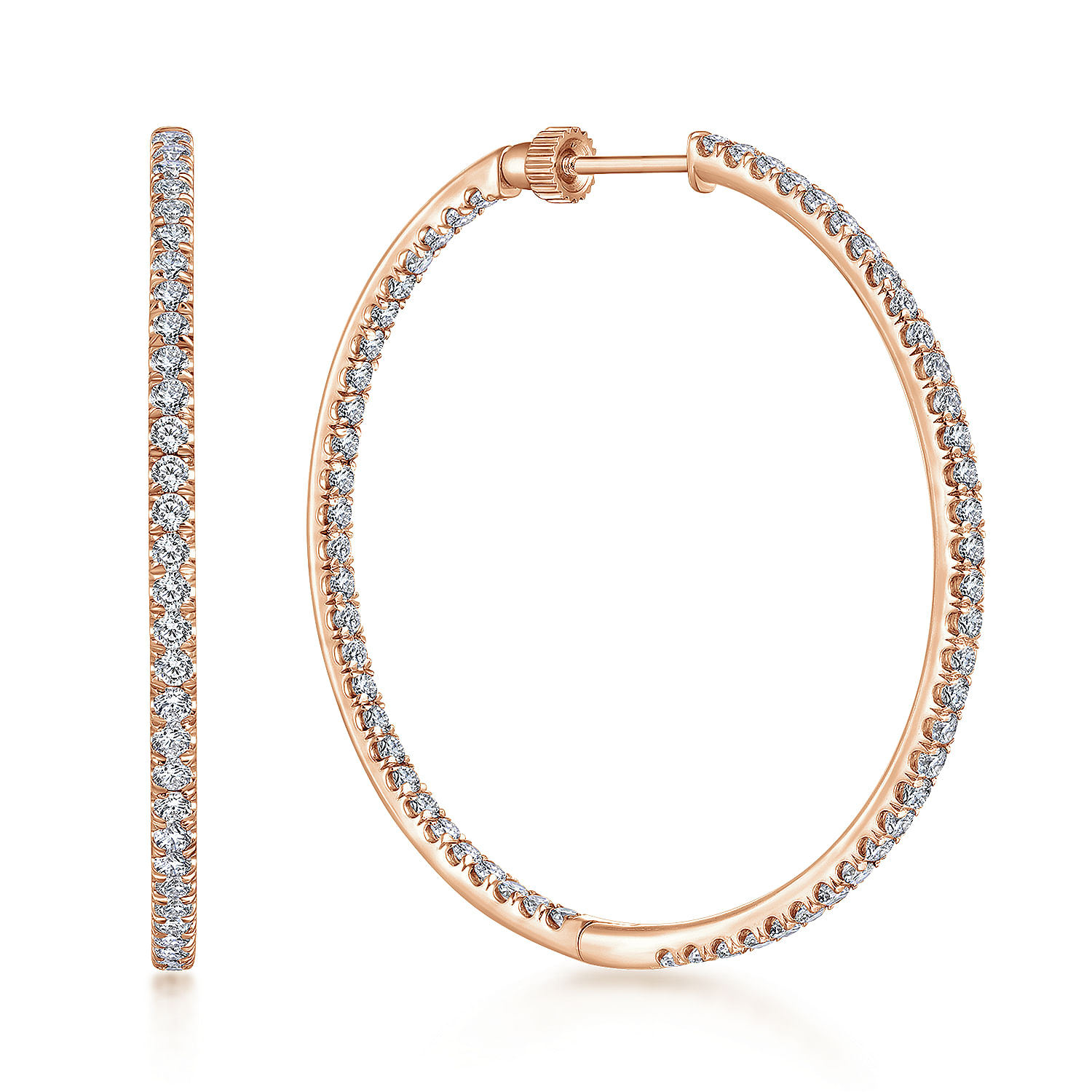 14K Rose Gold French Pave 40mm Round Inside Out Diamond Hoop Earrings