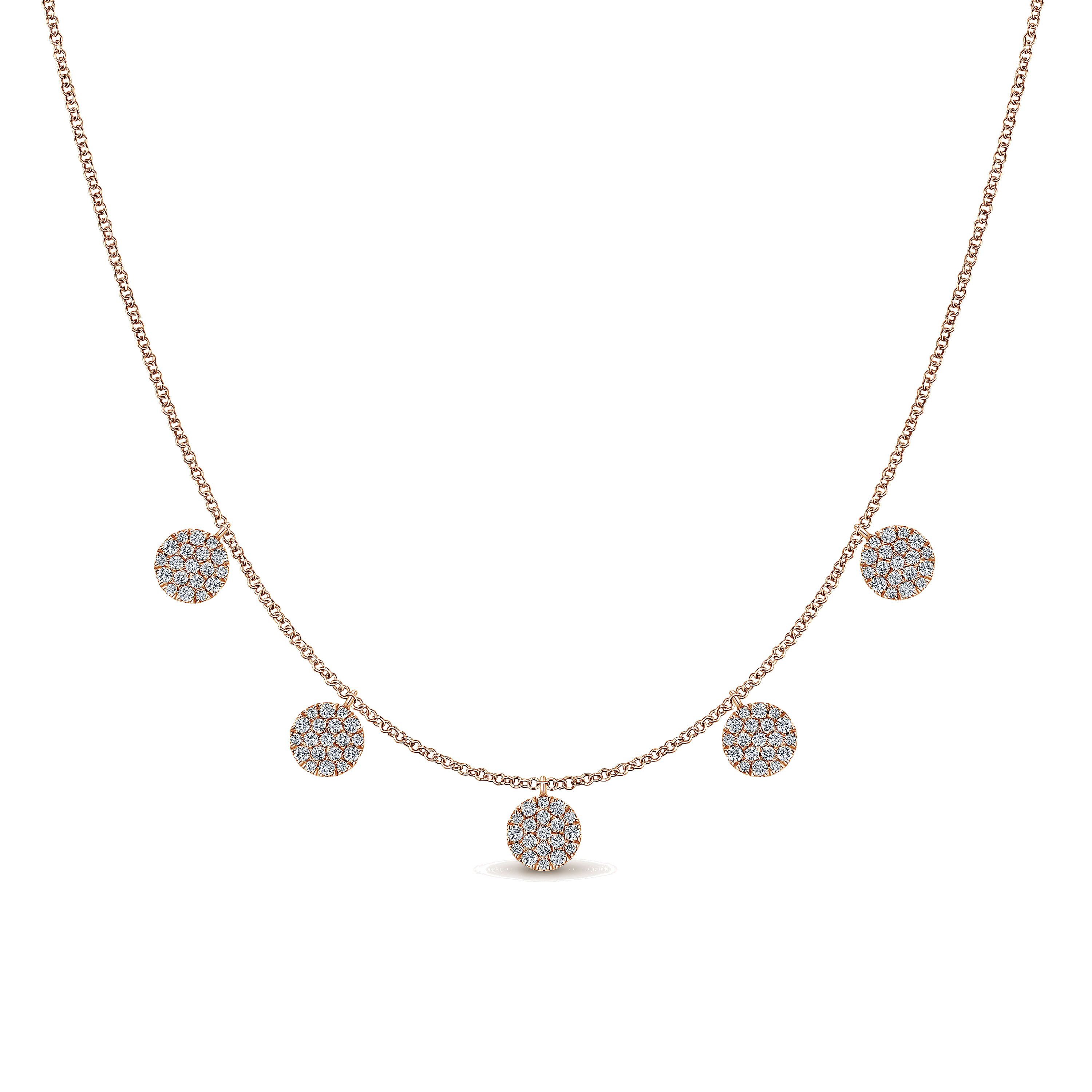 14K Rose Gold Necklace with Round Diamond Pave Disc Drops