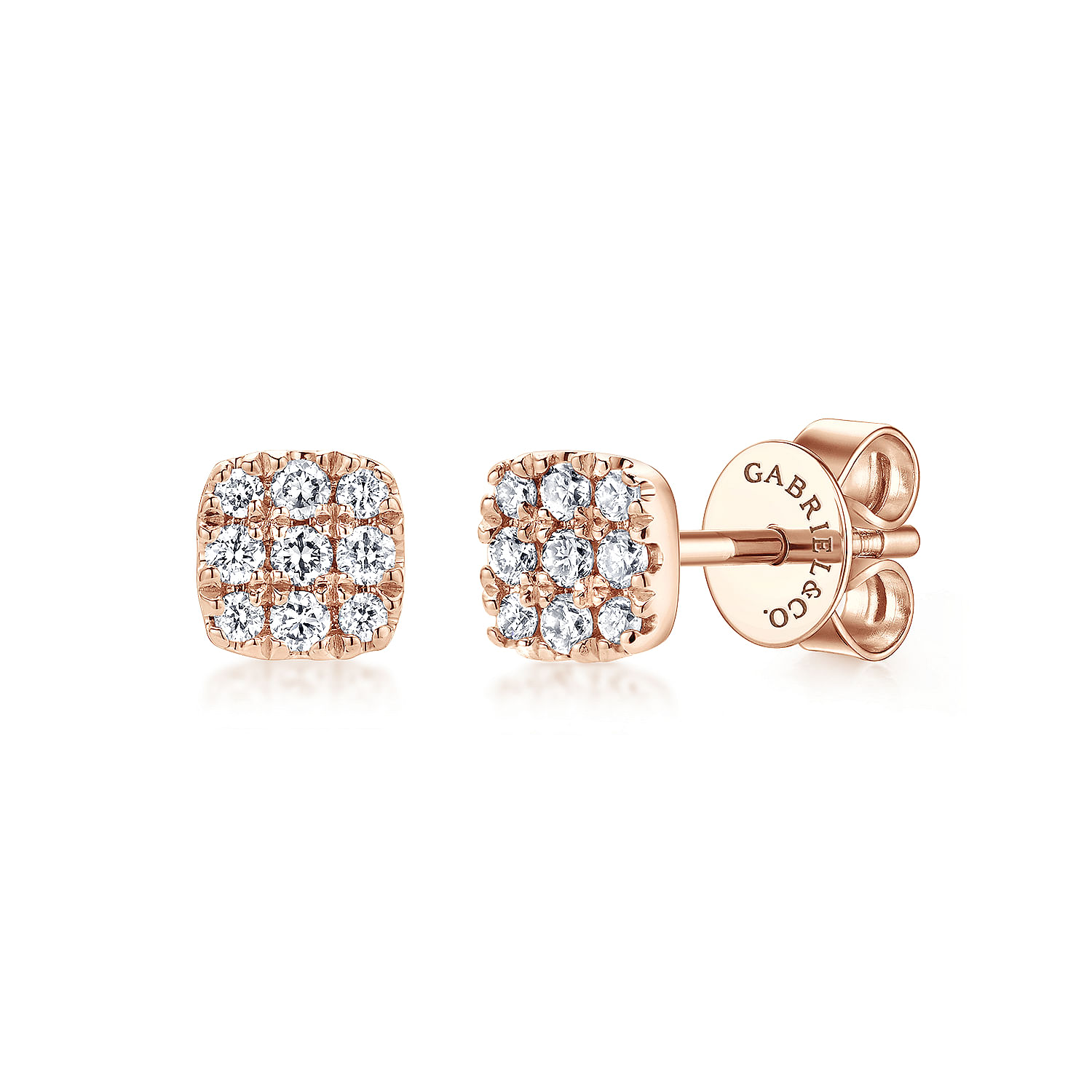 14K Rose Gold Pave Diamond Cushion Cut Stud Earrings