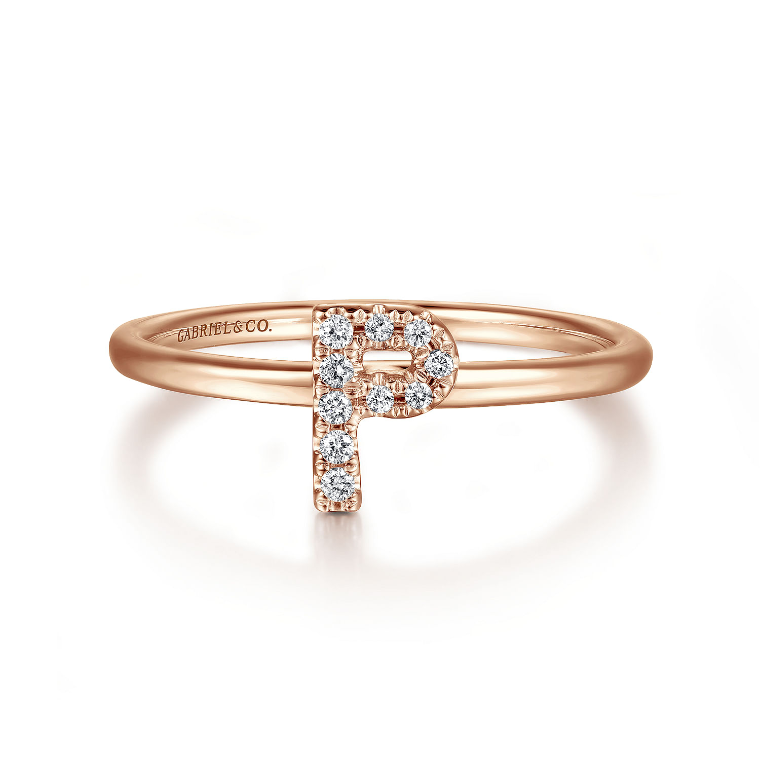14K Rose Gold Pave Diamond Uppercase P Initial Ring