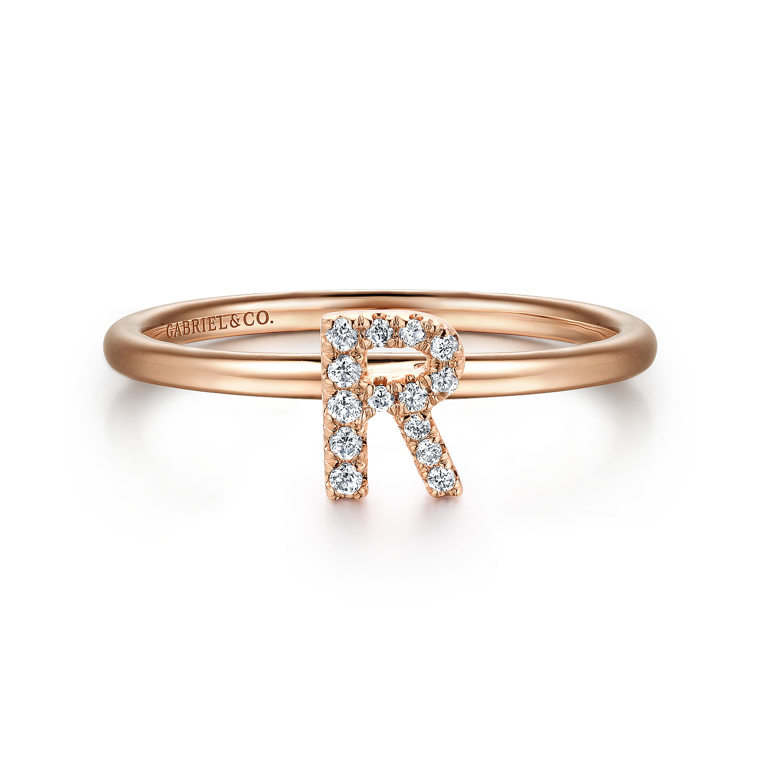 14K Rose Gold Pave Diamond Uppercase R Initial Ring