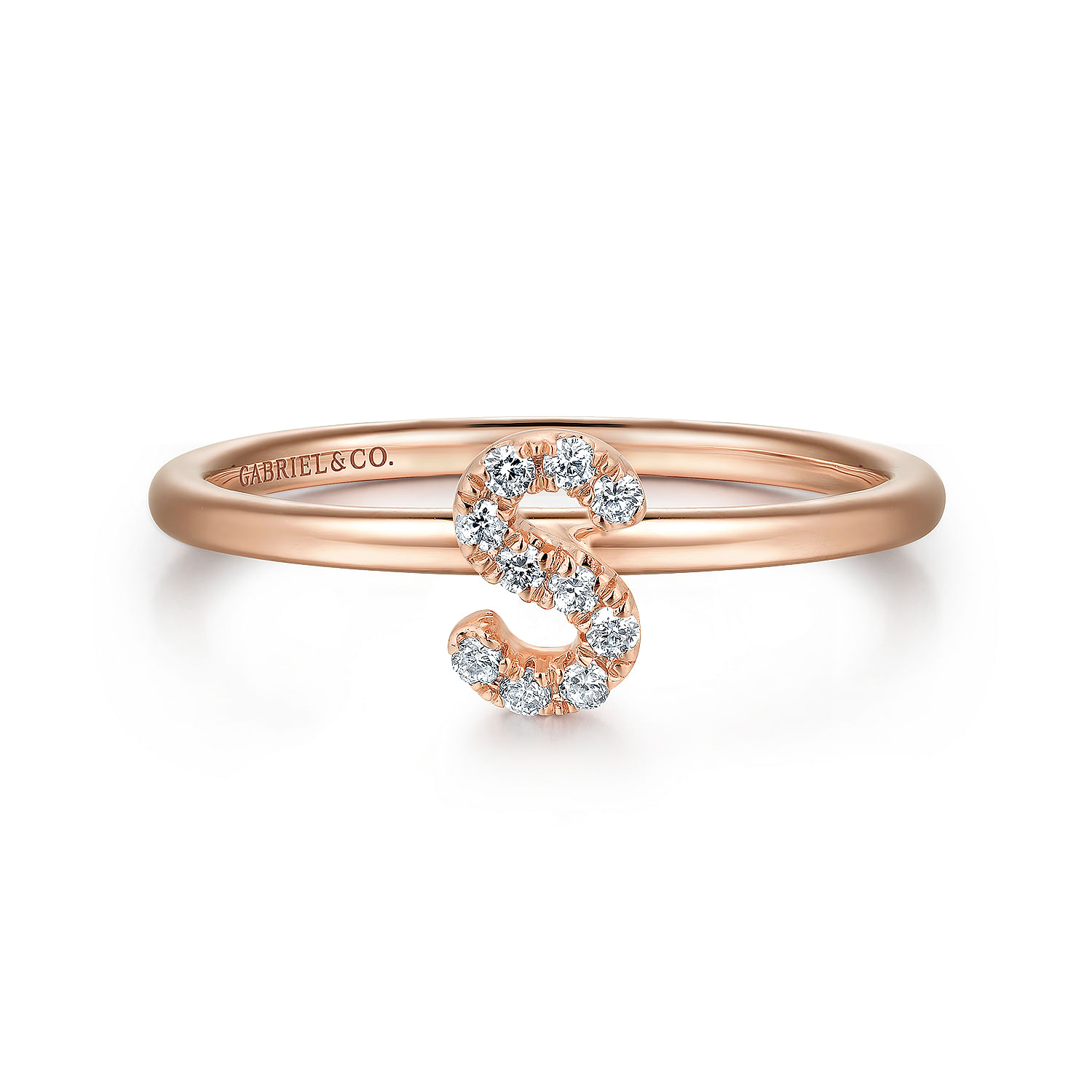 14K Rose Gold Pave Diamond Uppercase S Initial Ring