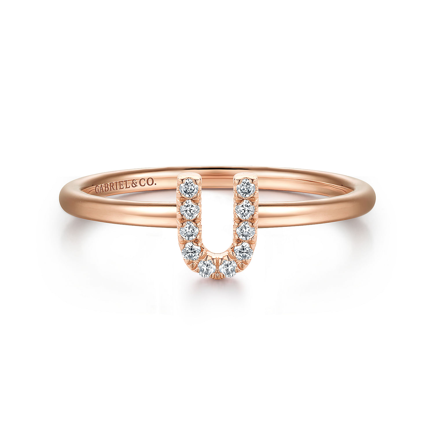 14K Rose Gold Pave Diamond Uppercase U Initial Ring