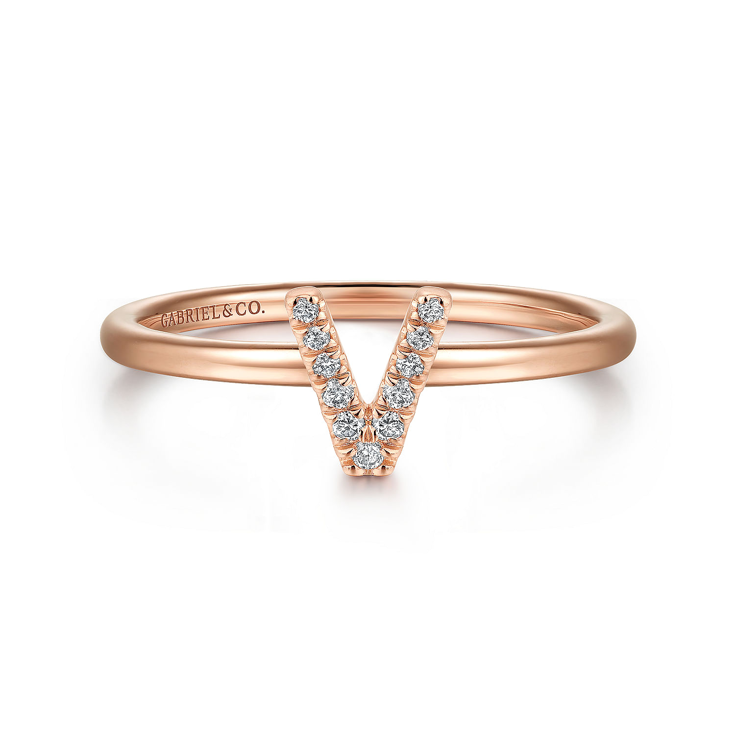 14K Rose Gold Pave Diamond Uppercase V Initial Ring