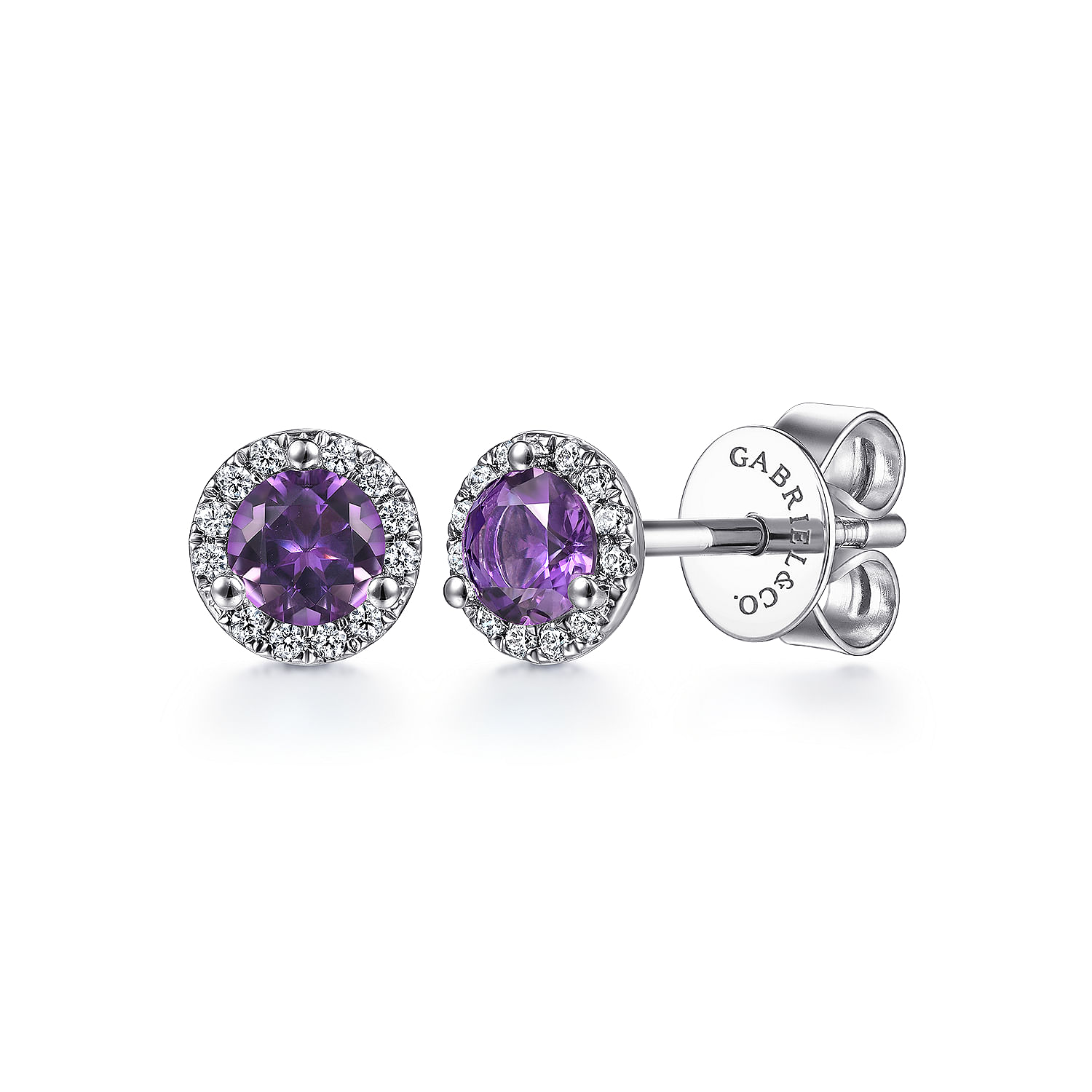 14K White Gold Amethyst and Diamond Halo Stud Earring
