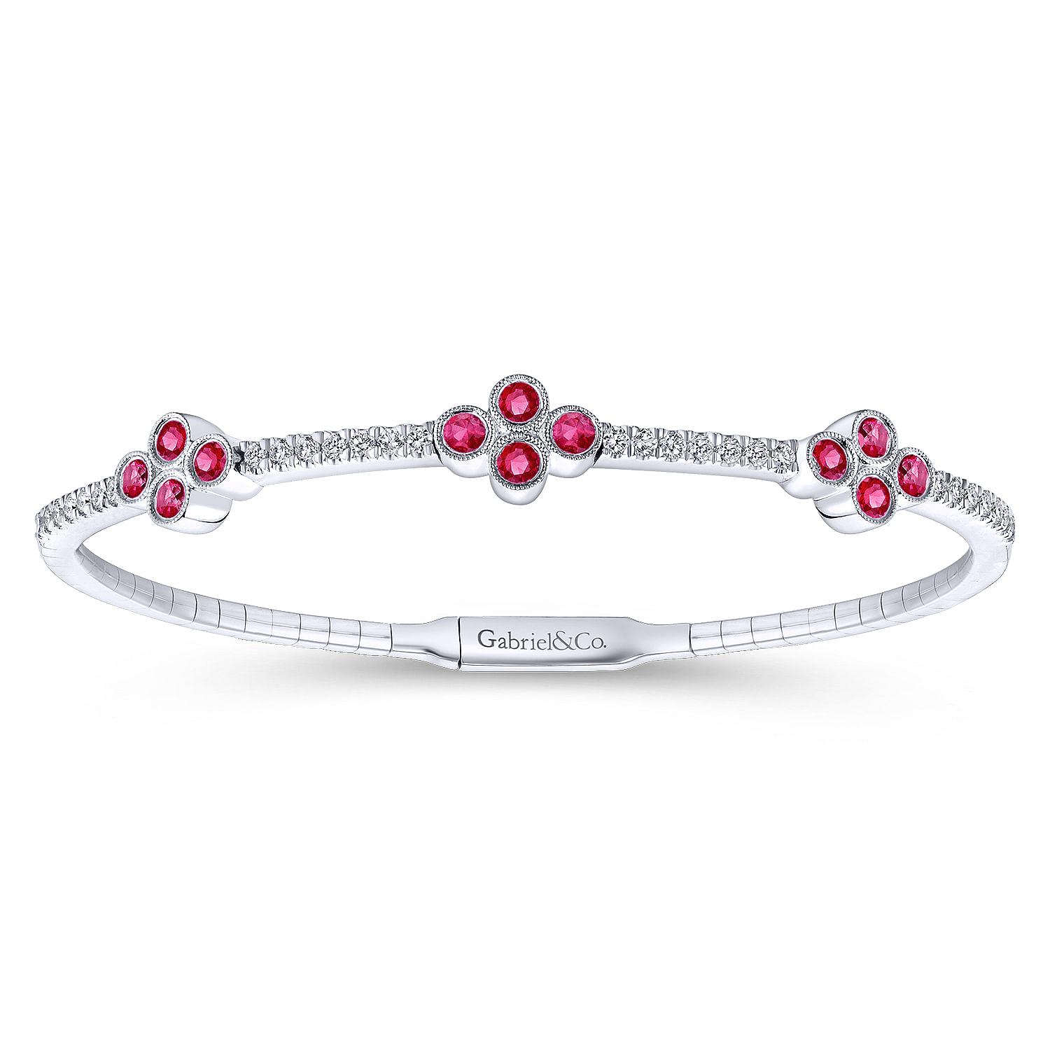 14K White Gold Bangle with Diamond and Ruby Quatrefoil Stations