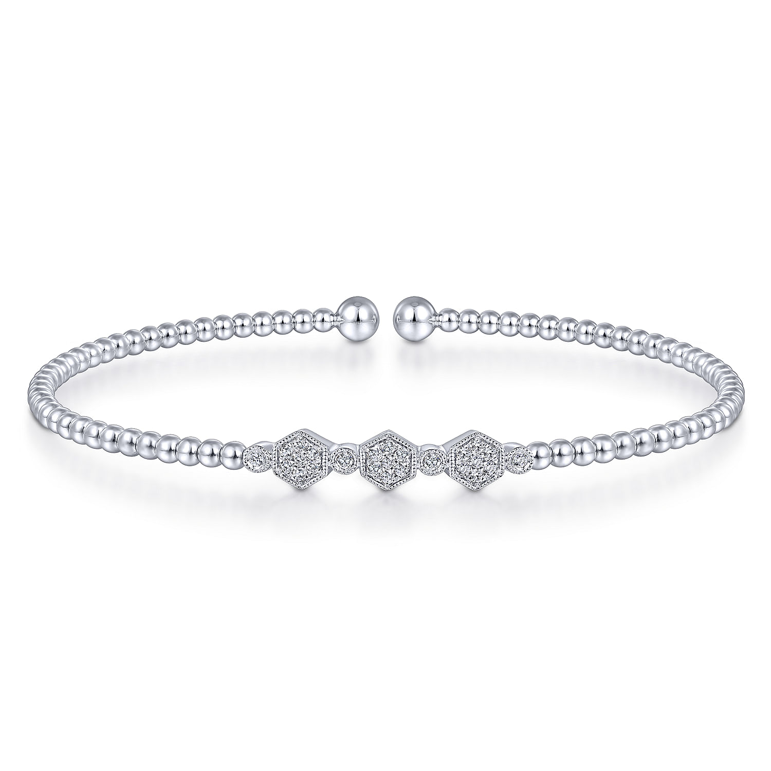 14K White Gold Bujukan Bead Cuff Bracelet with Cluster Diamond Hexagon Stations