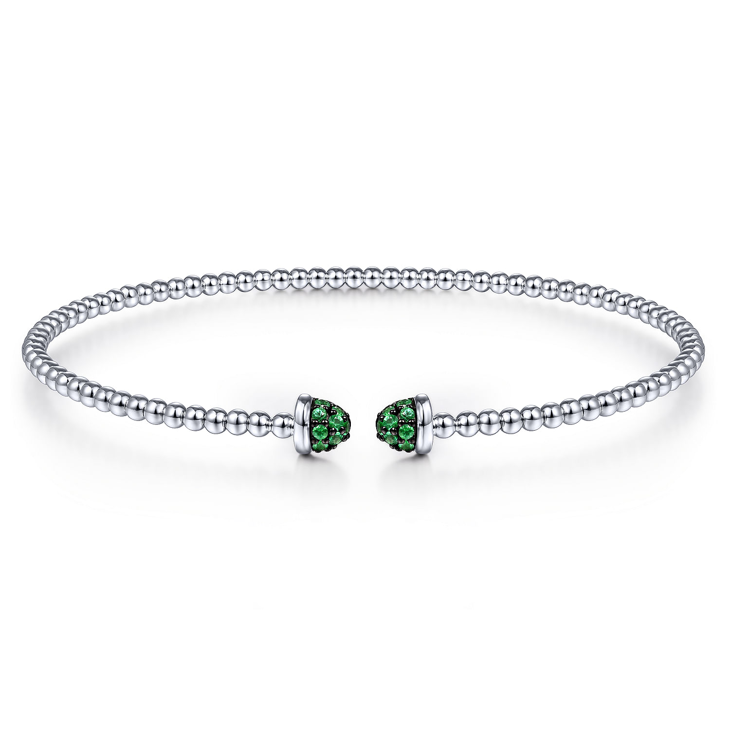 14K White Gold Bujukan Bead Cuff Bracelet with Emerald Pave Caps