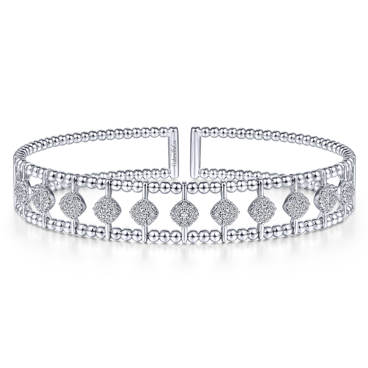 14K White Gold Bujukan Bead Cuff Bracelet with Pave Diamond Connectors