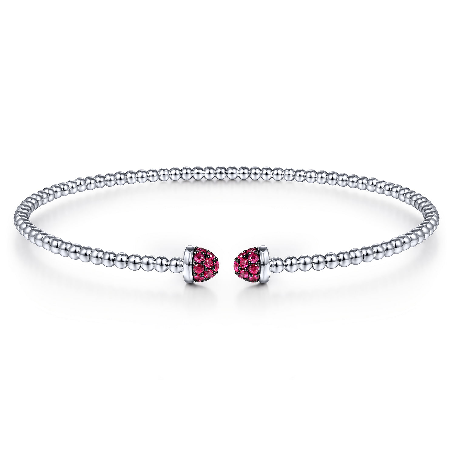 14K White Gold Bujukan Bead Cuff Bracelet with Ruby Pave Caps
